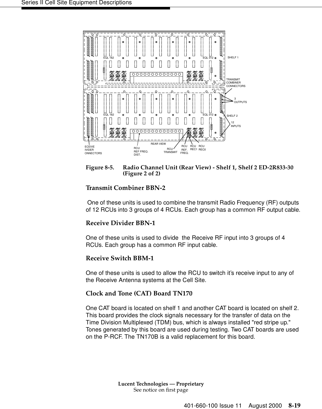 Lucent Technologies — ProprietarySee notice on first page401-660-100 Issue 11 August 2000 8-19Series II Cell Site Equipment Descriptions   Figure 8-5. Radio Channel Unit (Rear View) - Shelf 1, Shelf 2 ED-2R833-30 (Figure 2 of 2)Transmit Combiner BBN-2 One of these units is used to combine the transmit Radio Frequency (RF) outputs of 12 RCUs into 3 groups of 4 RCUs. Each group has a common RF output cable.Receive Divider BBN-1One of these units is used to divide  the Receive RF input into 3 groups of 4 RCUs. Each group has a common RF input cable.Receive Switch BBM-1One of these units is used to allow the RCU to switch it’s receive input to any of the Receive Antenna systems at the Cell Site.Clock and Tone (CAT) Board TN170One CAT board is located on shelf 1 and another CAT board is located on shelf 2. This board provides the clock signals necessary for the transfer of data on the Time Division Multiplexed (TDM) bus, which is always installed &quot;red stripe up.&quot; Tones generated by this board are used during testing. Two CAT boards are used on the P-RCF. The TN170B is a valid replacement for this board.SHELF 2SHELF 1EQL 162REC0RCUREC1RCUFREQ.REF.RCUONNECTORSECEIVEEQL 162DIST.RCUIVIDER RCUREF FREQ.REAR VIEWTRANSMIT3EQL 012OUTPUTSCONNECTORSCOMBINERTRANSMITINPUTS12EQL 012