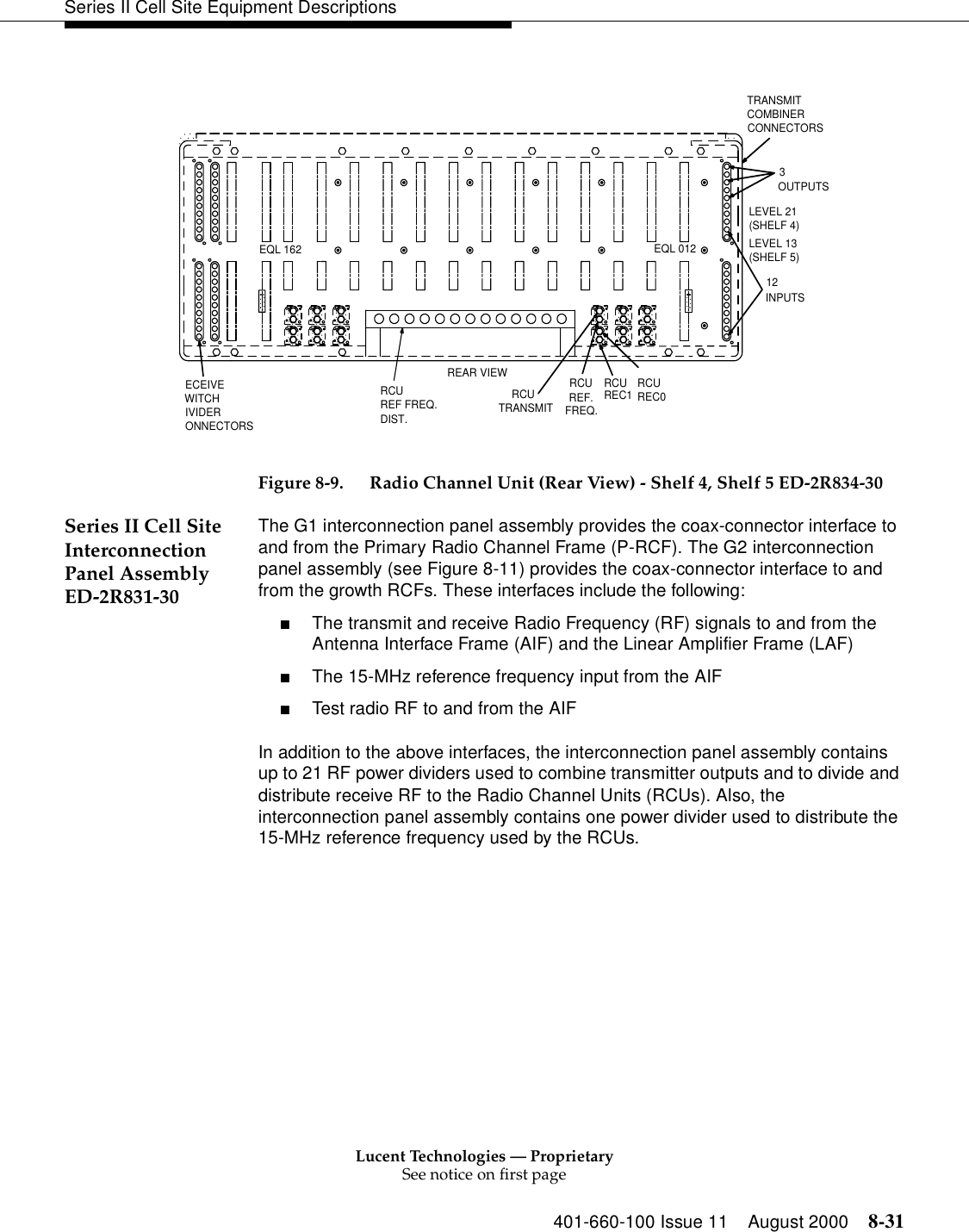 Lucent Technologies — ProprietarySee notice on first page401-660-100 Issue 11 August 2000 8-31Series II Cell Site Equipment Descriptions Figure 8-9. Radio Channel Unit (Rear View) - Shelf 4, Shelf 5 ED-2R834-30Series II Cell Site Interconnection Panel Assembly ED-2R831-30The G1 interconnection panel assembly provides the coax-connector interface to and from the Primary Radio Channel Frame (P-RCF). The G2 interconnection panel assembly (see Figure 8-11) provides the coax-connector interface to and from the growth RCFs. These interfaces include the following: ■The transmit and receive Radio Frequency (RF) signals to and from the Antenna Interface Frame (AIF) and the Linear Amplifier Frame (LAF) ■The 15-MHz reference frequency input from the AIF ■Test radio RF to and from the AIF In addition to the above interfaces, the interconnection panel assembly contains up to 21 RF power dividers used to combine transmitter outputs and to divide and distribute receive RF to the Radio Channel Units (RCUs). Also, the interconnection panel assembly contains one power divider used to distribute the 15-MHz reference frequency used by the RCUs.ONNECTORSWITCHECEIVEIVIDEREQL 162DIST.RCU RCUREF FREQ.REAR VIEW(SHELF 4)LEVEL 21(SHELF 5)LEVEL 133OUTPUTSCONNECTORSCOMBINERTRANSMITINPUTS12EQL 012REC0RCUREC1RCUFREQ.REF.RCUTRANSMIT