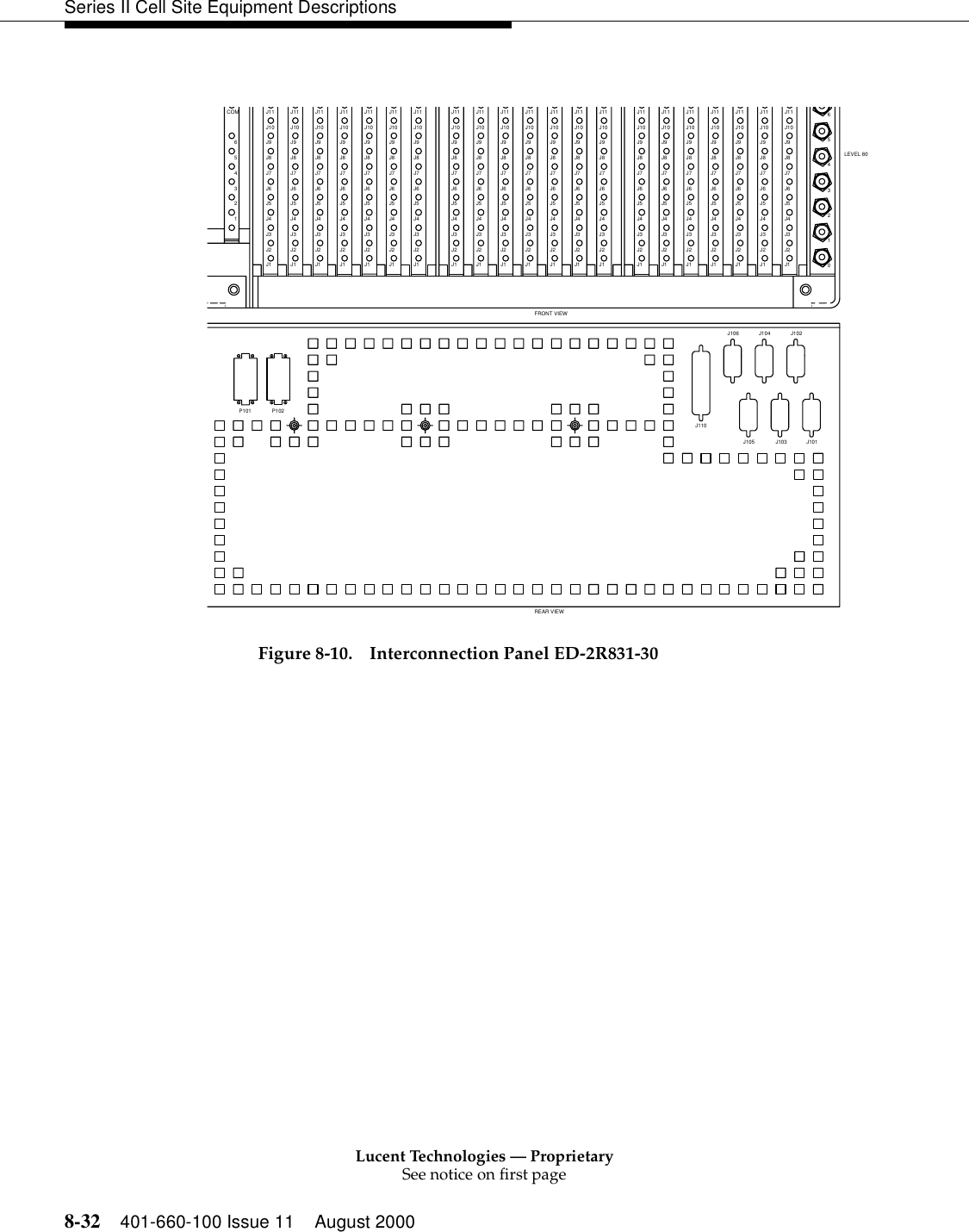 Lucent Technologies — ProprietarySee notice on first page8-32 401-660-100 Issue 11 August 2000Series II Cell Site Equipment Descriptions  Figure 8-10. Interconnection Panel ED-2R831-30J102J104J106LEVEL 80543210J1J2J3J4J5J66J9J10J11J7J8J1J2J3J4J5J6J1J2J3J4J5J6J9J10J11J9J10J11J7J8J7J8J9J10J11J1J2J3J4J5J6J7J8J101J103J105J1106COM5J9J9J9J10J11J8J8J8J10J10J11 J11J9J82341J2J3J4J5J6J7J2J3J4J5J6J7J2J3J4J5J6J7J2J3J4J5J6J7J1J1J1 J1J10J11J9J10J8J11J9J10J8J11J9J10J11J8J9J10J8J9J10J9J10J9J10J9J10J9J10J11J9J10J11J9J10J11J8J8J8J8J8J8J8J11J11J11J11J11J9J10J11J9J10J8J8J11REAR VIEWJ2J3J4J5J6J7J2J3J4J5J6J7J1J2J1J2J1J2J1J2J1J2J1J2J1J2J2J2J3J4J5J6J7J3J4J5J6J7J3J4J5J6J7J3J4J5J6J7J3J4J5J6J7J3J4J5J6J7J3J4J5J6J7J3J4J5J6J7J3J4J5J6J7J1J2J1J2J3J4J5J6J7J3J4J5J6J7J1 J1 J1J1FRONT VIEWP101 P102