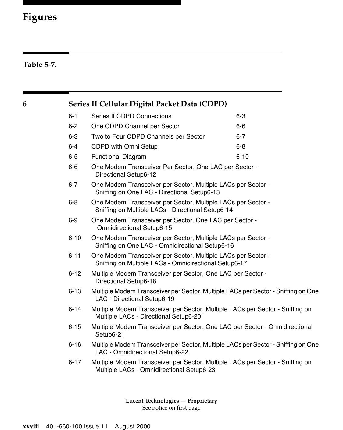 Lucent Technologies — ProprietarySee notice on first pageFiguresxxviii 401-660-100 Issue 11 August 2000Table 5-7.6 Series II Cellular Digital Packet Data (CDPD)6-1 Series II CDPD Connections 6-36-2 One CDPD Channel per Sector 6-66-3 Two to Four CDPD Channels per Sector 6-76-4 CDPD with Omni Setup 6-86-5 Functional Diagram 6-106-6 One Modem Transceiver Per Sector, One LAC per Sector -Directional Setup6-126-7 One Modem Transceiver per Sector, Multiple LACs per Sector -Sniffing on One LAC - Directional Setup6-136-8 One Modem Transceiver per Sector, Multiple LACs per Sector -Sniffing on Multiple LACs - Directional Setup6-146-9 One Modem Transceiver per Sector, One LAC per Sector - Omnidirectional Setup6-156-10 One Modem Transceiver per Sector, Multiple LACs per Sector -Sniffing on One LAC - Omnidirectional Setup6-166-11 One Modem Transceiver per Sector, Multiple LACs per Sector -Sniffing on Multiple LACs - Omnidirectional Setup6-176-12 Multiple Modem Transceiver per Sector, One LAC per Sector -Directional Setup6-186-13 Multiple Modem Transceiver per Sector, Multiple LACs per Sector - Sniffing on One LAC - Directional Setup6-196-14 Multiple Modem Transceiver per Sector, Multiple LACs per Sector - Sniffing on Multiple LACs - Directional Setup6-206-15 Multiple Modem Transceiver per Sector, One LAC per Sector - Omnidirectional Setup6-216-16 Multiple Modem Transceiver per Sector, Multiple LACs per Sector - Sniffing on One LAC - Omnidirectional Setup6-226-17 Multiple Modem Transceiver per Sector, Multiple LACs per Sector - Sniffing on Multiple LACs - Omnidirectional Setup6-23