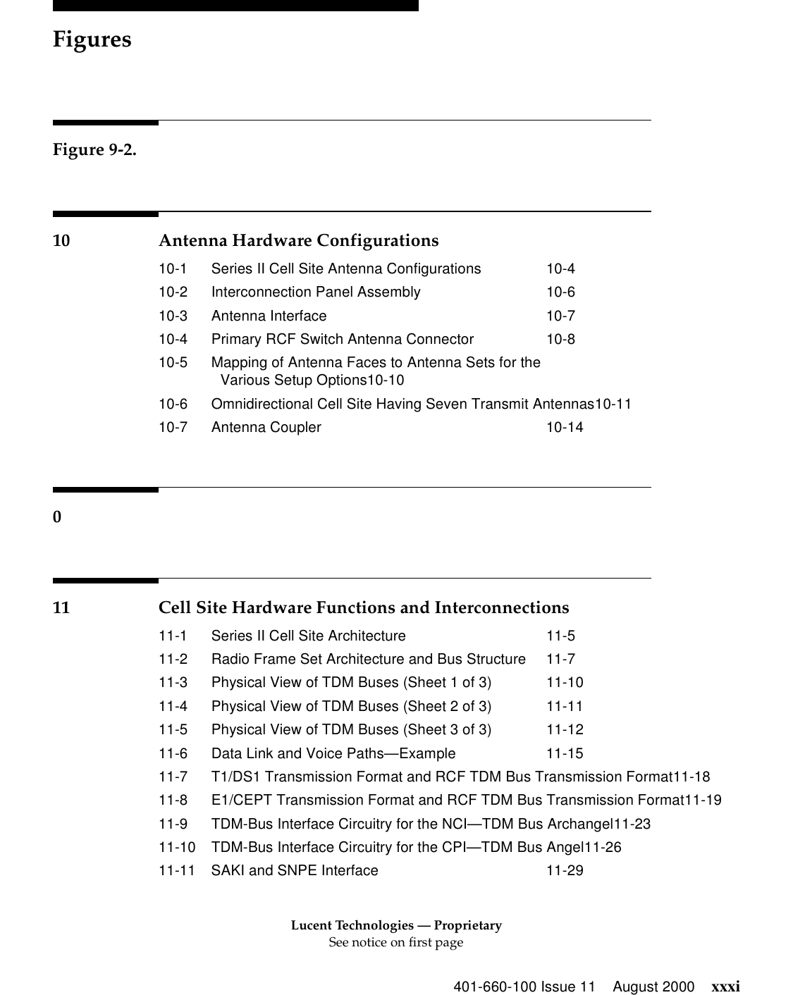 Lucent Technologies — ProprietarySee notice on first pageFigures401-660-100 Issue 11 August 2000 xxxiFigure 9-2.10 Antenna Hardware Configurations10-1 Series II Cell Site Antenna Configurations 10-410-2 Interconnection Panel Assembly 10-610-3 Antenna Interface 10-710-4 Primary RCF Switch Antenna Connector 10-810-5 Mapping of Antenna Faces to Antenna Sets for theVarious Setup Options10-1010-6 Omnidirectional Cell Site Having Seven Transmit Antennas10-1110-7 Antenna Coupler 10-14011 Cell Site Hardware Functions and Interconnections11-1 Series II Cell Site Architecture 11-511-2 Radio Frame Set Architecture and Bus Structure 11-711-3 Physical View of TDM Buses (Sheet 1 of 3) 11-1011-4 Physical View of TDM Buses (Sheet 2 of 3) 11-1111-5 Physical View of TDM Buses (Sheet 3 of 3) 11-1211-6 Data Link and Voice Paths—Example 11-1511-7 T1/DS1 Transmission Format and RCF TDM Bus Transmission Format11-1811-8 E1/CEPT Transmission Format and RCF TDM Bus Transmission Format11-1911-9 TDM-Bus Interface Circuitry for the NCI—TDM Bus Archangel11-2311-10 TDM-Bus Interface Circuitry for the CPI—TDM Bus Angel11-2611-11 SAKI and SNPE Interface 11-29