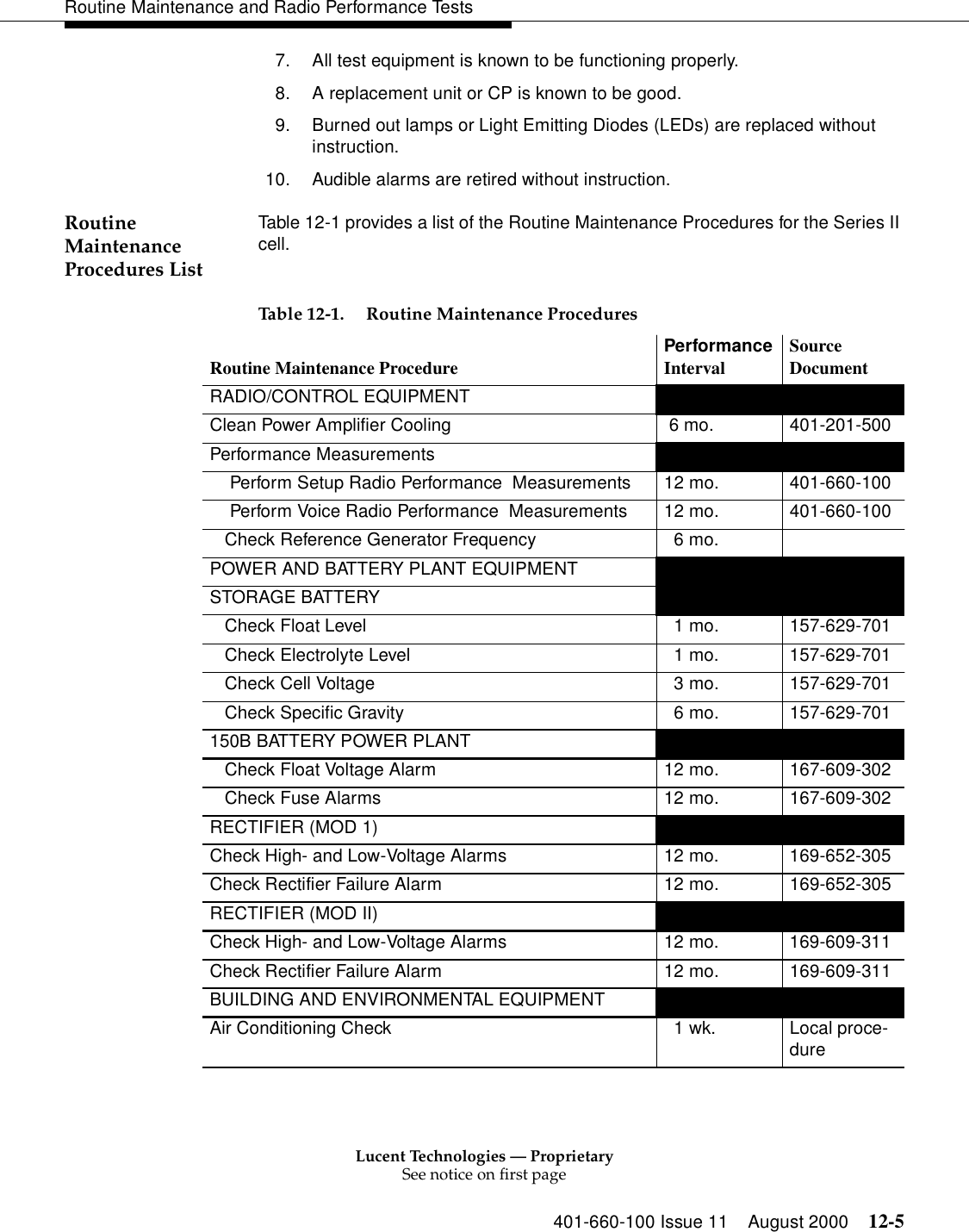 Lucent Technologies — ProprietarySee notice on first page401-660-100 Issue 11 August 2000 12-5Routine Maintenance and Radio Performance Tests7. All test equipment is known to be functioning properly. 8. A replacement unit or CP is known to be good. 9. Burned out lamps or Light Emitting Diodes (LEDs) are replaced without instruction. 10. Audible alarms are retired without instruction. Routine Maintenance Procedures List Table 12-1 provides a list of the Routine Maintenance Procedures for the Series II cell. Table 12-1. Routine Maintenance Procedures Routine Maintenance Procedure PerformanceInterval Source DocumentRADIO/CONTROL EQUIPMENT Clean Power Amplifier Cooling  6 mo. 401-201-500 Performance Measurements     Perform Setup Radio Performance  Measurements 12 mo. 401-660-100    Perform Voice Radio Performance  Measurements 12 mo. 401-660-100   Check Reference Generator Frequency   6 mo.POWER AND BATTERY PLANT EQUIPMENTSTORAGE BATTERY   Check Float Level   1 mo. 157-629-701   Check Electrolyte Level   1 mo. 157-629-701   Check Cell Voltage   3 mo. 157-629-701   Check Specific Gravity   6 mo. 157-629-701150B BATTERY POWER PLANT   Check Float Voltage Alarm 12 mo. 167-609-302   Check Fuse Alarms 12 mo. 167-609-302RECTIFIER (MOD 1)Check High- and Low-Voltage Alarms 12 mo. 169-652-305Check Rectifier Failure Alarm 12 mo. 169-652-305RECTIFIER (MOD II)Check High- and Low-Voltage Alarms 12 mo. 169-609-311Check Rectifier Failure Alarm 12 mo. 169-609-311BUILDING AND ENVIRONMENTAL EQUIPMENTAir Conditioning Check   1 wk. Local proce-dure