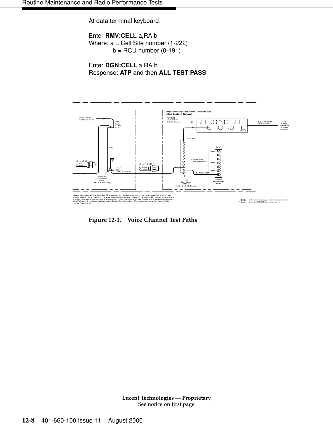 Lucent Technologies — ProprietarySee notice on first page12-8 401-660-100 Issue 11 August 2000Routine Maintenance and Radio Performance TestsAt data terminal keyboard: Enter RMV:CELL a,RA b Where: a = Cell Site number (1-222) b = RCU number (0-191) Enter DGN:CELL a,RA b  Response: ATP and then ALL TEST PASS Figure 12-1. Voice Channel Test Paths LossCable(-16-.3 to -.6 dBBBN2RCUs on ShelfFrom Other&quot;A&quot;AT&amp;TCombinerTransmit.5 dB Loss)&quot;A&quot;A12PortsPortsA1 thru(Sheet 2)AmplifierLinearFrameToJacksMonitoring654Transmit321531642Tx0SET UPfrom FrameTotal RF OUT0MON.Tx SIG(Xcelite RS3322 or equivalent)Adjustments require small screwdriverble. Release 4.1 makes available a 6-Sector Configuration. The sequence in which each Radiown in Figure 2-6. logged on a Reference Chart at installation - See Reference Chart, Sheet 3. For Release 4.0 OMNIs fixed and is not an option. The way each output &quot;A&quot; port cable (A16, A18, A20) is connected to theouped in groups of four and the RF outputs from each group are wired to an input &quot;A&quot; port on theA16, A18, A20LossCableTx SIG MON.5 dB Loss)(-10.51:9J1BBP-1Combiner(See Note 1 Below)Interconnection Panel AssemblyRF OUTfrom Other1:9 CombinersRF OUTJ3-.3 to -1.2 dB1:9 CombinersFrom OtherJ6J5J4J9J8J7J11J10