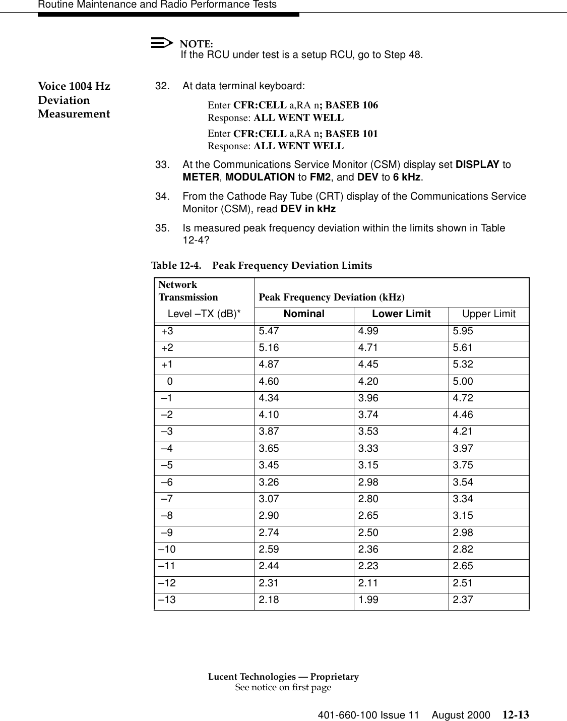 Lucent Technologies — ProprietarySee notice on first page401-660-100 Issue 11 August 2000 12-13Routine Maintenance and Radio Performance TestsNOTE:If the RCU under test is a setup RCU, go to Step 48. Voice 1004 Hz Deviation Measurement32. At data terminal keyboard: Enter CFR:CELL a,RA n; BASEB 106 Response: ALL WENT WELL Enter CFR:CELL a,RA n; BASEB 101 Response: ALL WENT WELL 33. At the Communications Service Monitor (CSM) display set DISPLAY to METER, MODULATION to FM2, and DEV to 6 kHz. 34. From the Cathode Ray Tube (CRT) display of the Communications Service Monitor (CSM), read DEV in kHz35. Is measured peak frequency deviation within the limits shown in Table 12-4? Table 12-4. Peak Frequency Deviation Limits Network Transmission  Peak Frequency Deviation (kHz) Level –TX (dB)*  Nominal Lower Limit Upper Limit  +3  5.47  4.99  5.95  +2  5.16  4.71  5.61  +1  4.87  4.45  5.32    0  4.60  4.20  5.00  –1 4.34 3.96 4.72  –2 4.10 3.74 4.46  –3 3.87 3.53 4.21  –4 3.65 3.33 3.97  –5 3.45 3.15 3.75  –6 3.26 2.98 3.54  –7 3.07 2.80 3.34  –8 2.90 2.65 3.15  –9 2.74 2.50 2.98 –10 2.59 2.36 2.82 –11 2.44 2.23 2.65 –12 2.31 2.11 2.51 –13 2.18 1.99 2.37 