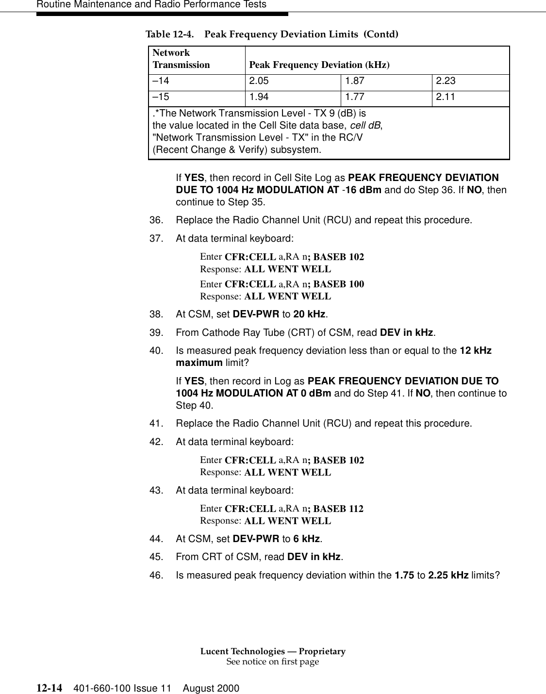 Lucent Technologies — ProprietarySee notice on first page12-14 401-660-100 Issue 11 August 2000Routine Maintenance and Radio Performance TestsIf YES, then record in Cell Site Log as PEAK FREQUENCY DEVIATION DUE TO 1004 Hz MODULATION AT -16 dBm and do Step 36. If NO, then continue to Step 35. 36. Replace the Radio Channel Unit (RCU) and repeat this procedure. 37. At data terminal keyboard: Enter CFR:CELL a,RA n; BASEB 102 Response: ALL WENT WELL Enter CFR:CELL a,RA n; BASEB 100 Response: ALL WENT WELL 38. At CSM, set DEV-PWR to 20 kHz. 39. From Cathode Ray Tube (CRT) of CSM, read DEV in kHz. 40. Is measured peak frequency deviation less than or equal to the 12 kHz maximum limit? If YES, then record in Log as PEAK FREQUENCY DEVIATION DUE TO 1004 Hz MODULATION AT 0 dBm and do Step 41. If NO, then continue to Step 40. 41. Replace the Radio Channel Unit (RCU) and repeat this procedure. 42. At data terminal keyboard: Enter CFR:CELL a,RA n; BASEB 102 Response: ALL WENT WELL 43. At data terminal keyboard: Enter CFR:CELL a,RA n; BASEB 112 Response: ALL WENT WELL 44. At CSM, set DEV-PWR to 6 kHz. 45. From CRT of CSM, read DEV in kHz. 46. Is measured peak frequency deviation within the 1.75 to 2.25 kHz limits? –14 2.05 1.87 2.23 –15 1.94 1.77 2.11 .*The Network Transmission Level - TX 9 (dB) is the value located in the Cell Site data base, cell dB, &quot;Network Transmission Level - TX&quot; in the RC/V (Recent Change &amp; Verify) subsystem. Table 12-4. Peak Frequency Deviation Limits  (Contd)Network Transmission  Peak Frequency Deviation (kHz) 