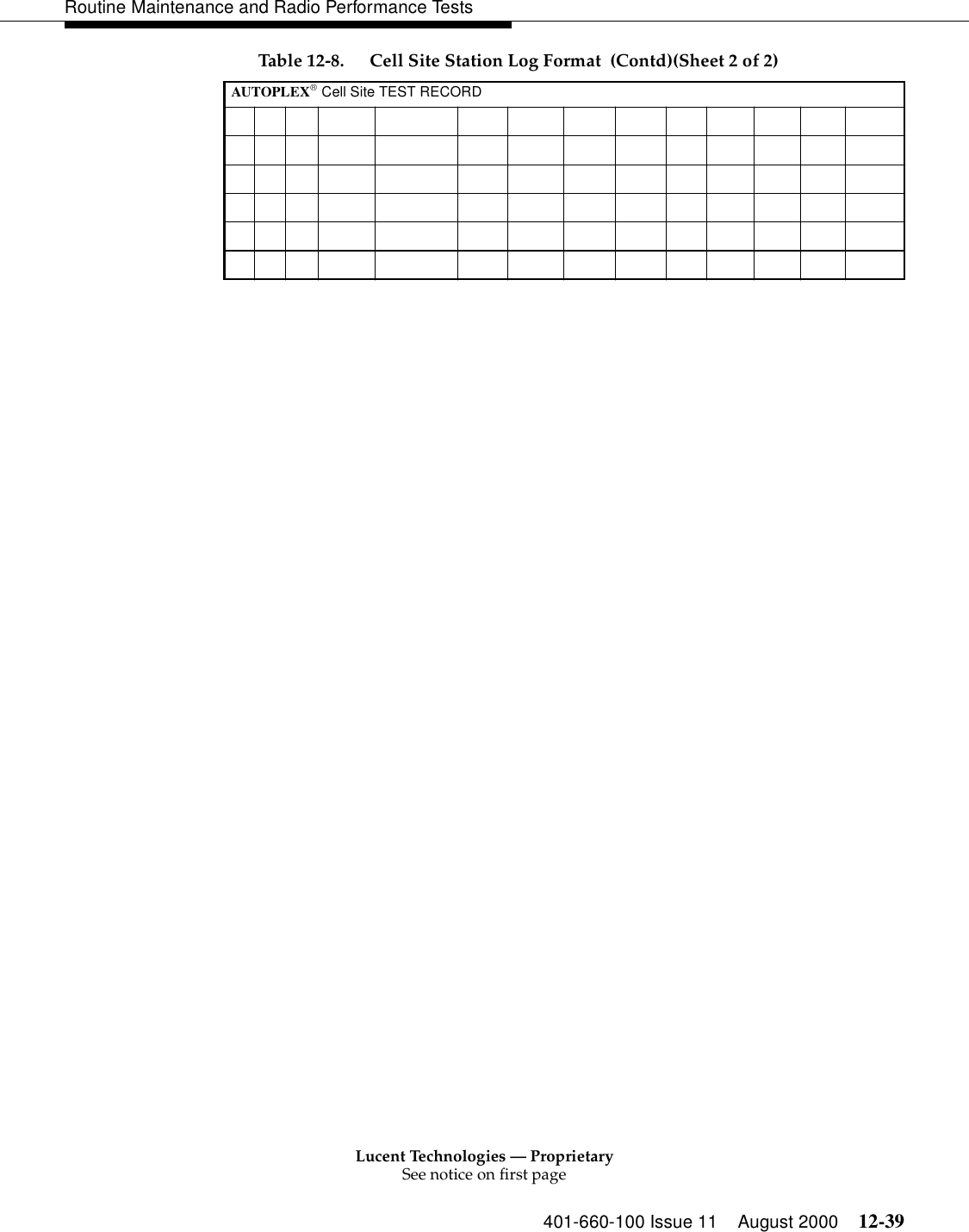 Lucent Technologies — ProprietarySee notice on first page401-660-100 Issue 11 August 2000 12-39Routine Maintenance and Radio Performance Tests                                                                                                                        Table 12-8.  Cell Site Station Log Format  (Contd)(Sheet 2 of 2)AUTOPLEX Cell Site TEST RECORD 