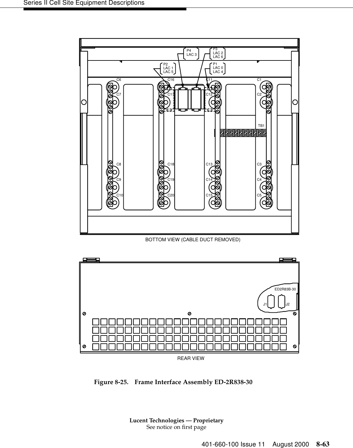 Lucent Technologies — ProprietarySee notice on first page401-660-100 Issue 11 August 2000 8-63Series II Cell Site Equipment DescriptionsFigure 8-25. Frame Interface Assembly ED-2R838-30REAR VIEWLAC 3P4LAC 6LAC 2P3LAC 4LAC 0P1LAC 5LAC 1P2TB1C1C20C8C9C10C19C18C5C15C4C14C7C6 C11C16C17 C2C3C13C12ED2R83B-30J2J1BOTTOM VIEW (CABLE DUCT REMOVED)