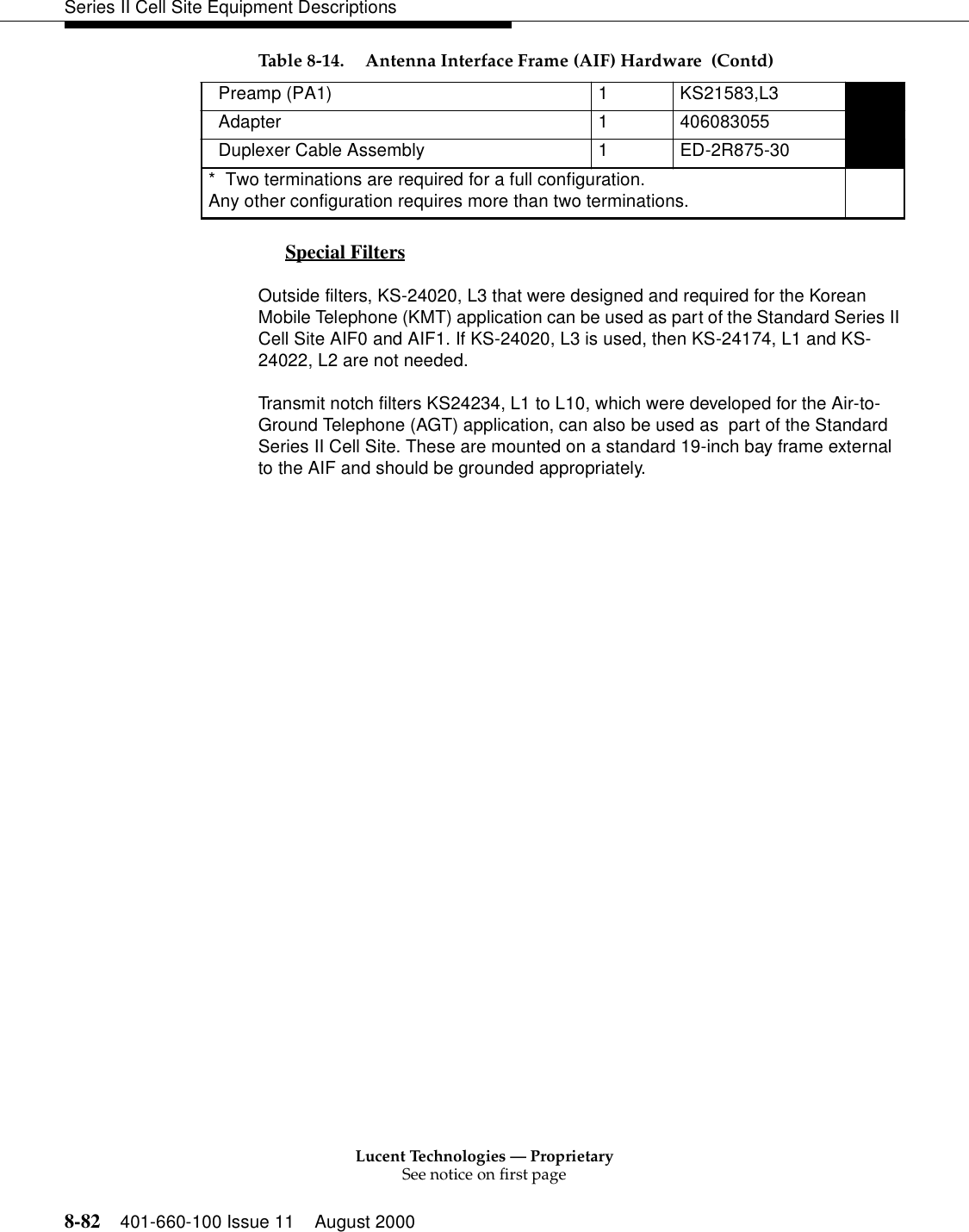 Lucent Technologies — ProprietarySee notice on first page8-82 401-660-100 Issue 11 August 2000Series II Cell Site Equipment DescriptionsSpecial Filters 0Outside filters, KS-24020, L3 that were designed and required for the Korean Mobile Telephone (KMT) application can be used as part of the Standard Series II Cell Site AIF0 and AIF1. If KS-24020, L3 is used, then KS-24174, L1 and KS-24022, L2 are not needed.Transmit notch filters KS24234, L1 to L10, which were developed for the Air-to-Ground Telephone (AGT) application, can also be used as  part of the Standard Series II Cell Site. These are mounted on a standard 19-inch bay frame external to the AIF and should be grounded appropriately.Preamp (PA1)  1  KS21583,L3   Adapter 1 406083055  Duplexer Cable Assembly  1  ED-2R875-30  * Two terminations are required for a full configuration. Any other configuration requires more than two terminations.Table 8-14. Antenna Interface Frame (AIF) Hardware  (Contd)