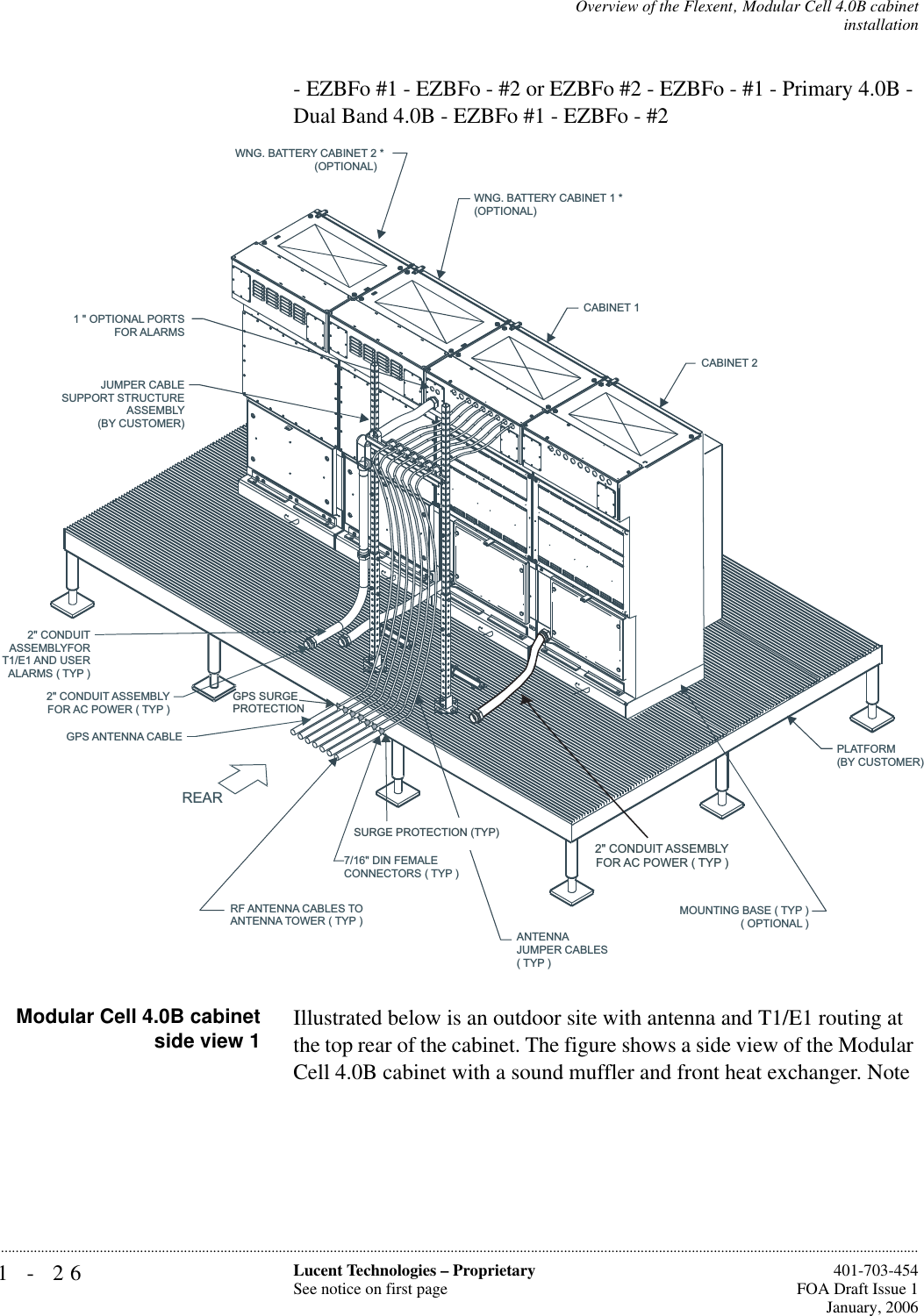 1-26 Lucent Technologies – ProprietarySee notice on first page  401-703-454FOA Draft Issue 1January, 2006...........................................................................................................................................................................................................................................................Overview of the Flexent‚ Modular Cell 4.0B cabinetinstallationJUMPER CABLESUPPORT STRUCTUREASSEMBLY(BY CUSTOMER)2&quot; CONDUITASSEMBLYFORT1/E1 AND USERALARMS ( TYP )ANTENNAJUMPER CABLES( TYP )RF ANTENNA CABLES TOANTENNA TOWER ( TYP )7/16&quot; DIN FEMALECONNECTORS ( TYP )2&quot; CONDUIT ASSEMBLYFOR AC POWER ( TYP )REARMOUNTING BASE ( TYP )( OPTIONAL )PLATFORM(BY CUSTOMER)WNG. BATTERY CABINET 1 *(OPTIONAL)WNG. BATTERY CABINET 2 *(OPTIONAL)1 &quot; OPTIONAL PORTSFOR ALARMSCABINET 1CABINET 2GPS ANTENNA CABLEGPS SURGEPROTECTIONSURGE PROTECTION (TYP)2&quot; CONDUIT ASSEMBLYFOR AC POWER ( TYP )- EZBFo #1 - EZBFo - #2 or EZBFo #2 - EZBFo - #1 - Primary 4.0B - Dual Band 4.0B - EZBFo #1 - EZBFo - #2Modular Cell 4.0B cabinetside view 1 Illustrated below is an outdoor site with antenna and T1/E1 routing at the top rear of the cabinet. The figure shows a side view of the Modular Cell 4.0B cabinet with a sound muffler and front heat exchanger. Note 