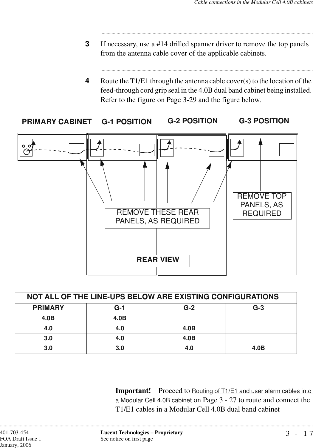 Cable connections in the Modular Cell 4.0B cabinets3- 17Lucent Technologies – ProprietarySee notice on first page401-703-454FOA Draft Issue 1January, 2006........................................................................................................................................................................................................................................................................................................................................................................................................................................3If necessary, use a #14 drilled spanner driver to remove the top panels from the antenna cable cover of the applicable cabinets.............................................................................................................................................................................4Route the T1/E1 through the antenna cable cover(s) to the location of the feed-through cord grip seal in the 4.0B dual band cabinet being installed. Refer to the figure on Page 3-29 and the figure below.Important! Proceed to Routing of T1/E1 and user alarm cables into a Modular Cell 4.0B cabinet on Page 3 - 27 to route and connect the T1/E1 cables in a Modular Cell 4.0B dual band cabinet PRIMARY CABINET G-1 POSITION G-2 POSITION G-3 POSITIONREAR VIEWREMOVE THESE REAR PANELS, AS REQUIREDREMOVE TOP PANELS, AS REQUIREDNOT ALL OF THE LINE-UPS BELOW ARE EXISTING CONFIGURATIONSPRIMARY G-1 G-2 G-34.0B 4.0B4.0 4.0 4.0B3.0 4.0 4.0B3.0 3.0 4.0 4.0B