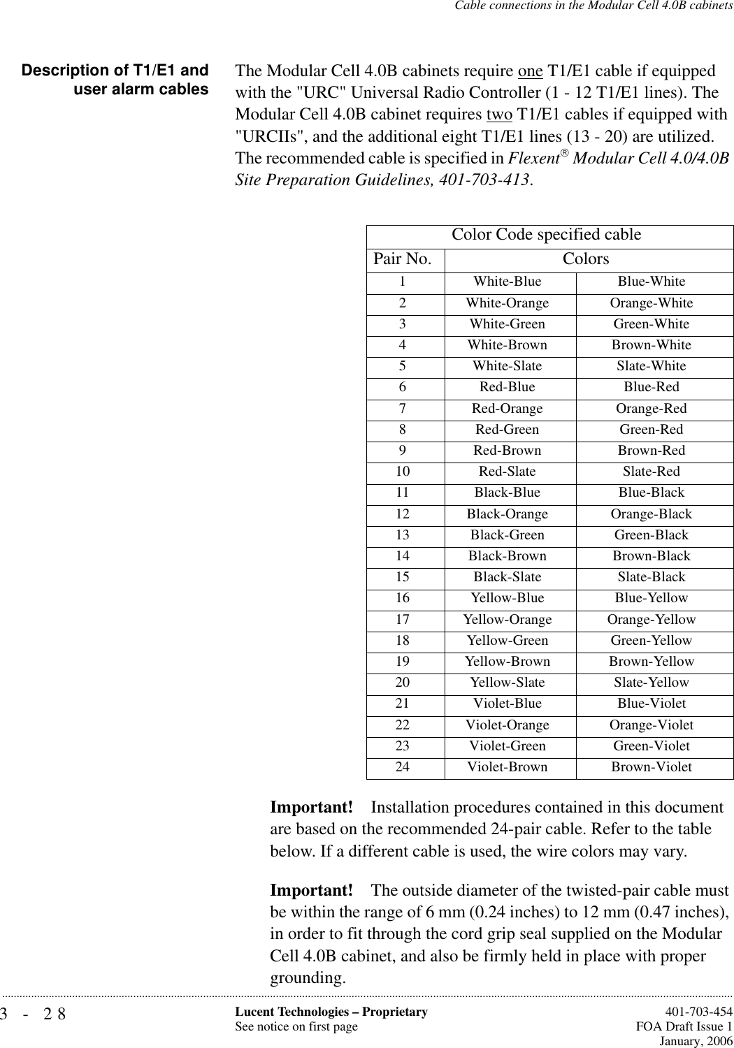 3-28 Lucent Technologies – ProprietarySee notice on first page  401-703-454FOA Draft Issue 1January, 2006...........................................................................................................................................................................................................................................................Cable connections in the Modular Cell 4.0B cabinetsDescription of T1/E1 anduser alarm cables The Modular Cell 4.0B cabinets require one T1/E1 cable if equipped with the &quot;URC&quot; Universal Radio Controller (1 - 12 T1/E1 lines). The Modular Cell 4.0B cabinet requires two T1/E1 cables if equipped with &quot;URCIIs&quot;, and the additional eight T1/E1 lines (13 - 20) are utilized. The recommended cable is specified in Flexent Modular Cell 4.0/4.0B Site Preparation Guidelines, 401-703-413. Important! Installation procedures contained in this document are based on the recommended 24-pair cable. Refer to the table below. If a different cable is used, the wire colors may vary.Important! The outside diameter of the twisted-pair cable must be within the range of 6 mm (0.24 inches) to 12 mm (0.47 inches), in order to fit through the cord grip seal supplied on the Modular Cell 4.0B cabinet, and also be firmly held in place with proper grounding.Color Code specified cablePair No. Colors1 White-Blue Blue-White2 White-Orange Orange-White3 White-Green Green-White4 White-Brown Brown-White5 White-Slate Slate-White6 Red-Blue Blue-Red7 Red-Orange Orange-Red8 Red-Green Green-Red9 Red-Brown Brown-Red10 Red-Slate Slate-Red11 Black-Blue Blue-Black12 Black-Orange Orange-Black13 Black-Green Green-Black14 Black-Brown Brown-Black15 Black-Slate Slate-Black16 Yellow-Blue Blue-Yellow17 Yellow-Orange Orange-Yellow18 Yellow-Green Green-Yellow19 Yellow-Brown Brown-Yellow20 Yellow-Slate Slate-Yellow21 Violet-Blue Blue-Violet22 Violet-Orange Orange-Violet23 Violet-Green Green-Violet24 Violet-Brown Brown-Violet