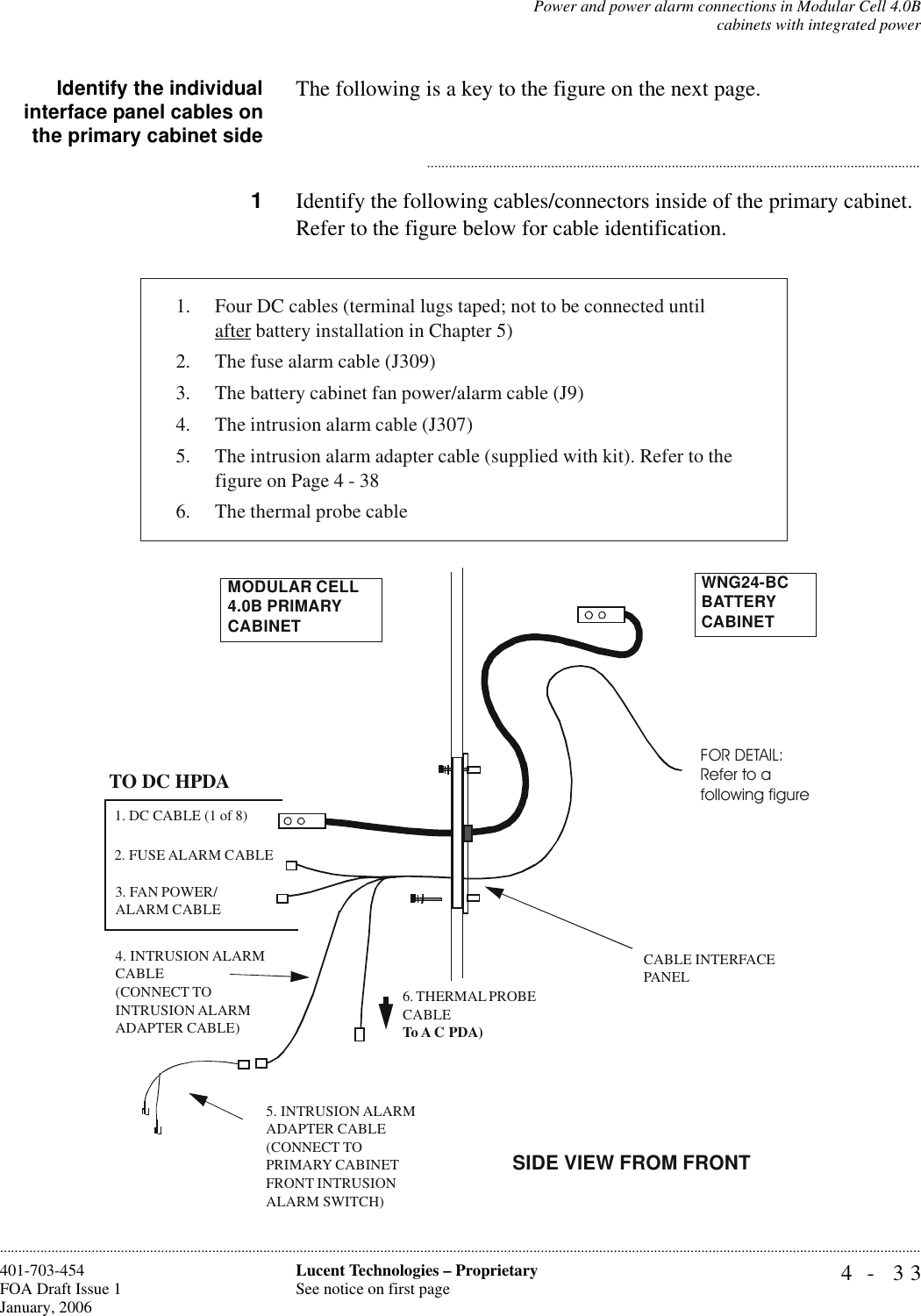 Power and power alarm connections in Modular Cell 4.0Bcabinets with integrated power4- 33Lucent Technologies – ProprietarySee notice on first page401-703-454FOA Draft Issue 1January, 2006............................................................................................................................................................................................................................................................Identify the individualinterface panel cables onthe primary cabinet sideThe following is a key to the figure on the next page. ...........................................................................................................................................1Identify the following cables/connectors inside of the primary cabinet. Refer to the figure below for cable identification. SIDE VIEW FROM FRONT1. DC CABLE (1 of 8)CABLE INTERFACE PANEL2. FUSE ALARM CABLE3. FAN POWER/ ALARM CABLE6. THERMAL PROBE CABLE To A C PDA)TO DC HPDA4. INTRUSION ALARM CABLE (CONNECT TOINTRUSION ALARM ADAPTER CABLE)MODULAR CELL 4.0B PRIMARYCABINETWNG24-BCBATTERYCABINET5. INTRUSION ALARM ADAPTER CABLE (CONNECT TOPRIMARY CABINET FRONT INTRUSION ALARM SWITCH)1.Four DC cables (terminal lugs taped; not to be connected until after battery installation in Chapter 5)2. The fuse alarm cable (J309)3. The battery cabinet fan power/alarm cable (J9)4. The intrusion alarm cable (J307)5.The intrusion alarm adapter cable (supplied with kit). Refer to the figure on Page 4 - 386. The thermal probe cable FOR DETAIL:Refer to a following figure