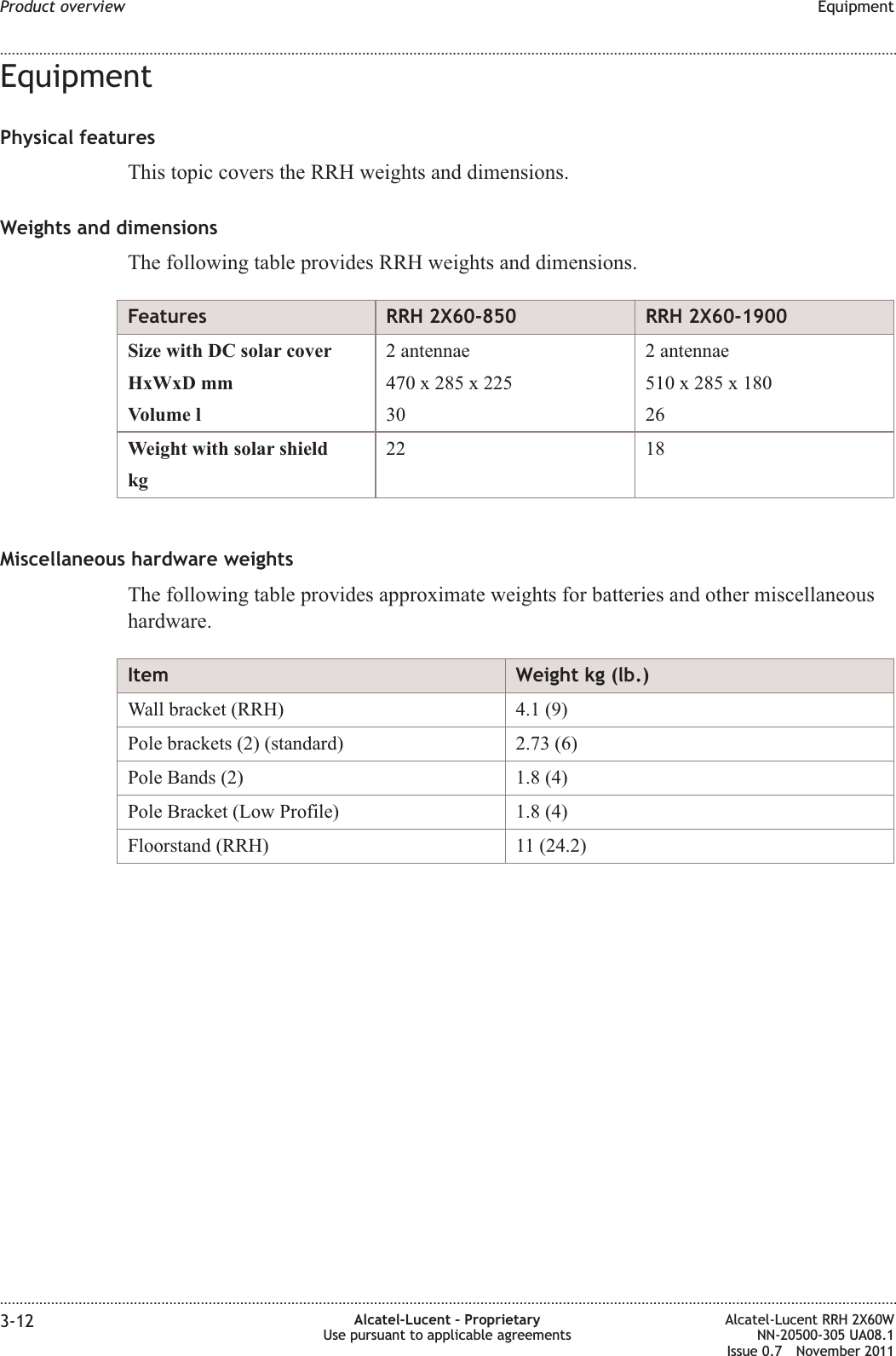 EquipmentPhysical featuresThis topic covers the RRH weights and dimensions.Weights and dimensionsThe following table provides RRH weights and dimensions.Features RRH 2X60-850 RRH 2X60-1900Size with DC solar coverHxWxD mmVolume l2 antennae470 x 285 x 225302 antennae510 x 285 x 18026Weight with solar shieldkg22 18Miscellaneous hardware weightsThe following table provides approximate weights for batteries and other miscellaneoushardware.Item Weight kg (lb.)Wall bracket (RRH) 4.1 (9)Pole brackets (2) (standard) 2.73 (6)Pole Bands (2) 1.8 (4)Pole Bracket (Low Profile) 1.8 (4)Floorstand (RRH) 11 (24.2)Product overview Equipment........................................................................................................................................................................................................................................................................................................................................................................................................................................................................3-12 Alcatel-Lucent – ProprietaryUse pursuant to applicable agreementsAlcatel-Lucent RRH 2X60WNN-20500-305 UA08.1Issue 0.7 November 2011PRELIMINARYPRELIMINARY