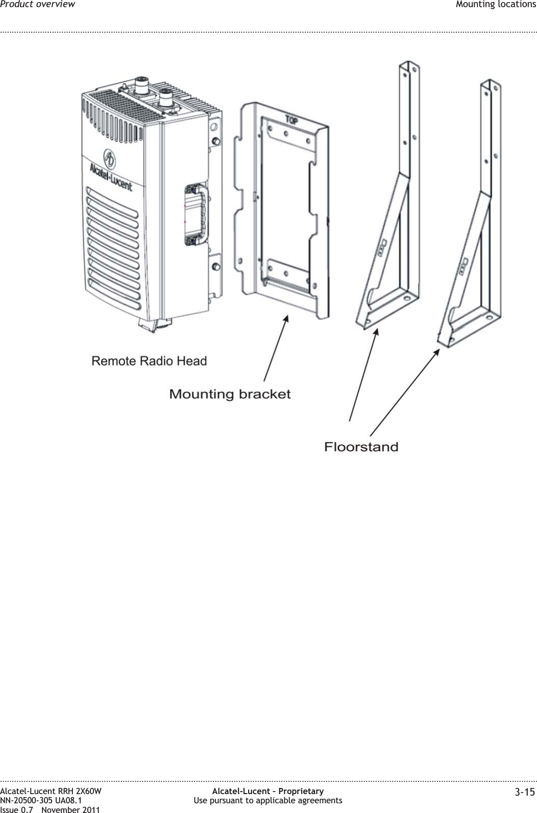 Product overview Mounting locations........................................................................................................................................................................................................................................................................................................................................................................................................................................................................Alcatel-Lucent RRH 2X60WNN-20500-305 UA08.1Issue 0.7 November 2011Alcatel-Lucent – ProprietaryUse pursuant to applicable agreements 3-15PRELIMINARYPRELIMINARY