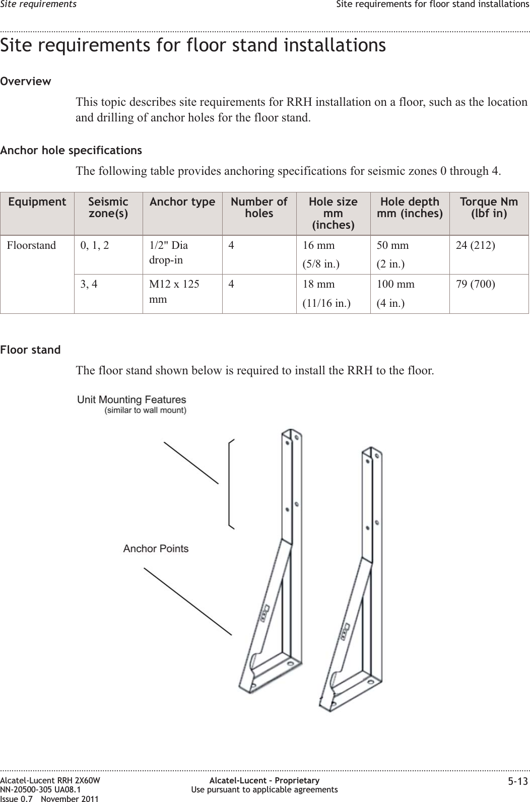 Site requirements for floor stand installationsOverviewThis topic describes site requirements for RRH installation on a floor, such as the locationand drilling of anchor holes for the floor stand.Anchor hole specificationsThe following table provides anchoring specifications for seismic zones 0 through 4.Equipment Seismiczone(s)Anchor type Number ofholesHole sizemm(inches)Hole depthmm (inches)Torque Nm(lbf in)Floorstand 0, 1, 2 1/2&quot; Diadrop-in416mm(5/8 in.)50 mm(2 in.)24 (212)3, 4 M12 x 125mm418mm(11/16 in.)100 mm(4 in.)79 (700)Floor standThe floor stand shown below is required to install the RRH to the floor.Site requirements Site requirements for floor stand installations........................................................................................................................................................................................................................................................................................................................................................................................................................................................................Alcatel-Lucent RRH 2X60WNN-20500-305 UA08.1Issue 0.7 November 2011Alcatel-Lucent – ProprietaryUse pursuant to applicable agreements 5-13PRELIMINARYPRELIMINARY