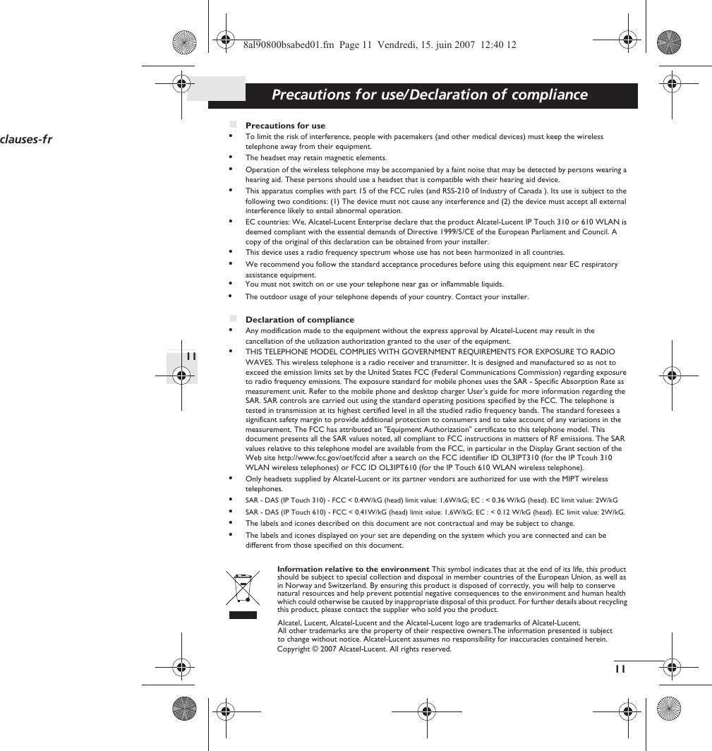 Page 11 of 12 - Alcatel-Lucent Alcatel-Lucent-Ip-Touch-310-Users-Manual- IP Touch Wireless LAN Phones 310 & 610 User Guide  Alcatel-lucent-ip-touch-310-users-manual