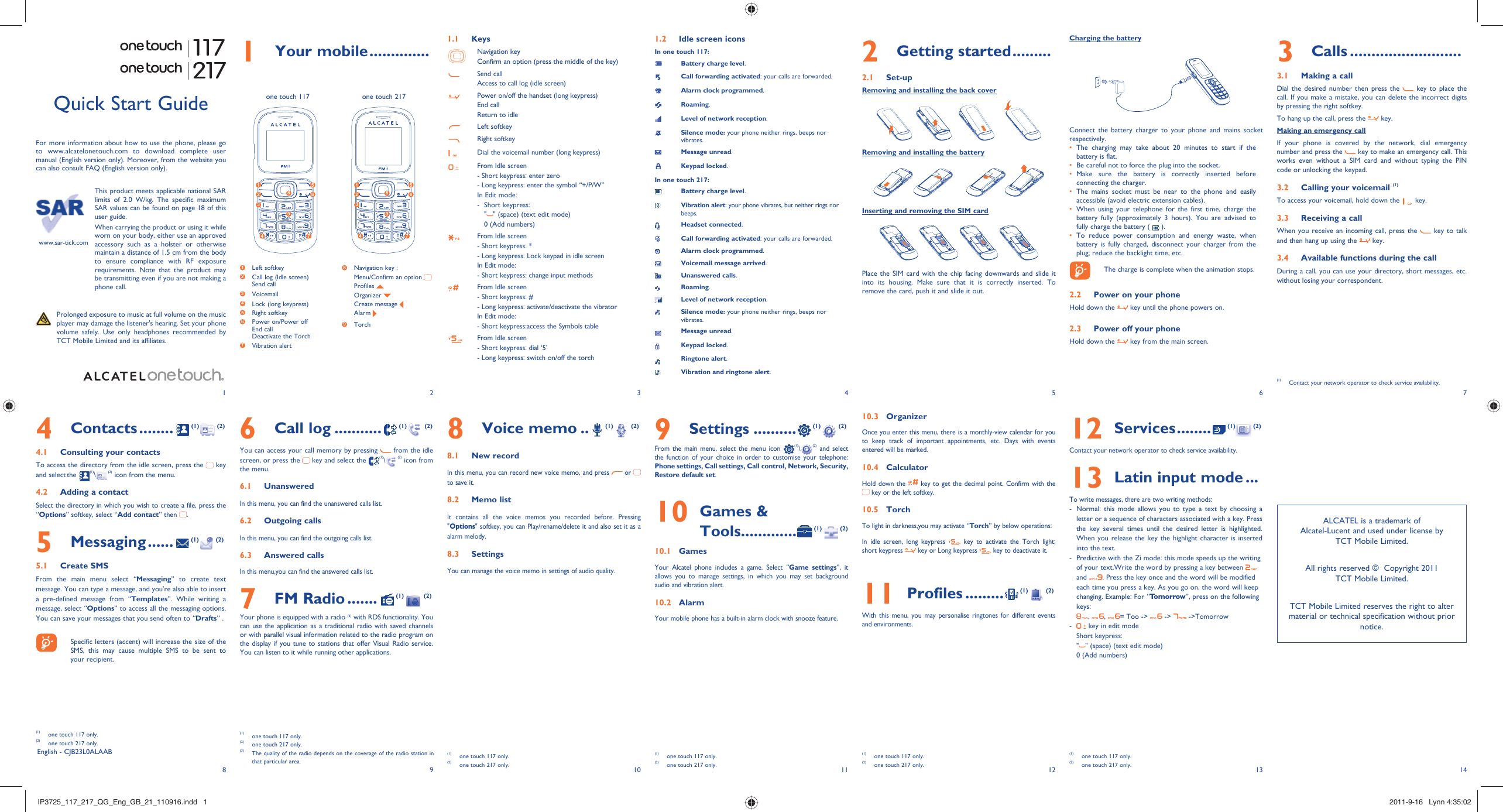 Page 1 of 2 - Alcatel-Onetouch Alcatel-Onetouch-One-Touch-217-217D-Quick-Start-Guide IP3725_117_217_QG_Eng_GB_21_110916
