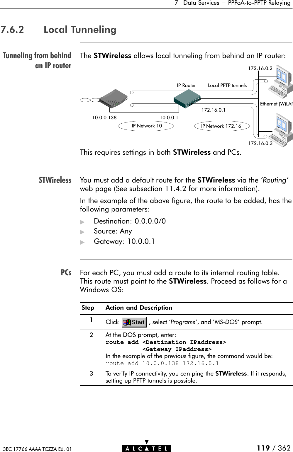 Tunneling from behindan IP routerSTWirelessPCs7 Data Services - PPPoAĆtoĆPPTP Relaying119 / 3623EC 17766 AAAA TCZZA Ed. 017.6.2 Local TunnelingThe STWireless allows local tunneling from behind an IP router:IP Network 10 IP Network 172.1610.0.0.138 10.0.0.1172.16.0.1172.16.0.3172.16.0.2Ethernet (W)LANIP Router Local PPTP tunnelsThis requires settings in both STWireless and PCs.You must add a default route for the STWireless via the &apos;Routing&apos;web page (See subsection 11.4.2 for more information).In the example of the above figure, the route to be added, has thefollowing parameters:&quot;Destination: 0.0.0.0/0&quot;Source: Any&quot;Gateway: 10.0.0.1For each PC, you must add a route to its internal routing table.This route must point to the STWireless. Proceed as follows for aWindows OS:Step Action and Description1Click , select &apos;Programs&apos;, and &apos;MSĆDOS&apos; prompt.2 At the DOS prompt, enter:route add &lt;Destination IPaddress&gt;          &lt;Gateway IPaddress&gt;In the example of the previous figure, the command would be:route add 10.0.0.138 172.16.0.13 To verify IP connectivity, you can ping the STWireless. If it responds,setting up PPTP tunnels is possible.