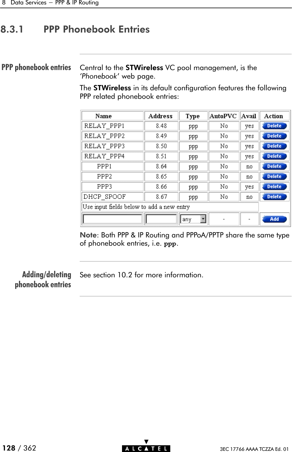 PPP phonebook entriesAdding/deletingphonebook entries8 Data Services - PPP &amp; IP Routing128 / 362 3EC 17766 AAAA TCZZA Ed. 018.3.1 PPP Phonebook EntriesCentral to the STWireless VC pool management, is the&apos;Phonebook&apos; web page.The STWireless in its default configuration features the followingPPP related phonebook entries:Note: Both PPP &amp; IP Routing and PPPoA/PPTP share the same type of phonebook entries, i.e. ppp.See section 10.2 for more information.