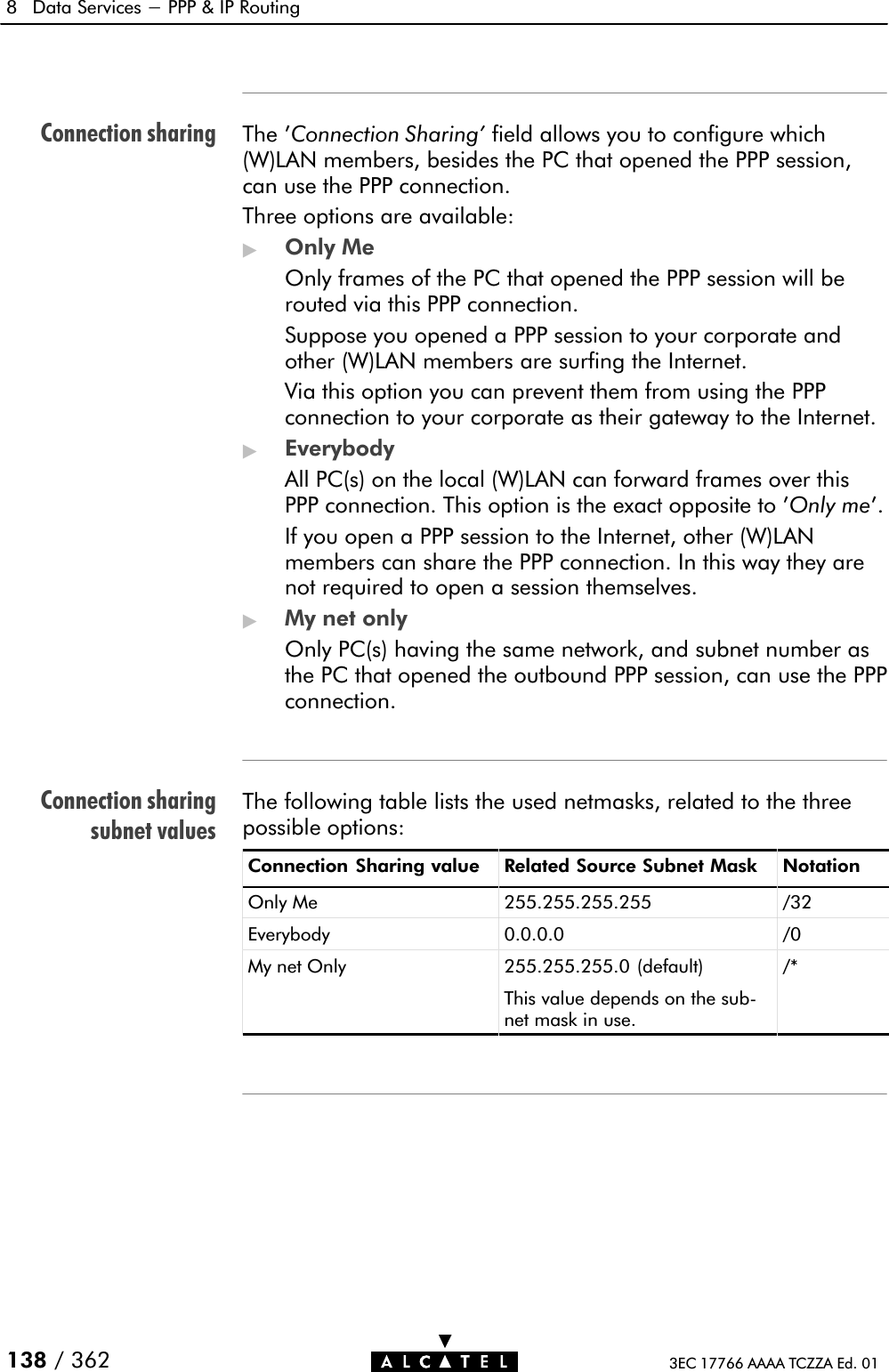 Connection sharingConnection sharingsubnet values8 Data Services - PPP &amp; IP Routing138 / 362 3EC 17766 AAAA TCZZA Ed. 01The &apos;Connection Sharing&apos; field allows you to configure which(W)LAN members, besides the PC that opened the PPP session,can use the PPP connection.Three options are available:&quot;Only MeOnly frames of the PC that opened the PPP session will berouted via this PPP connection.Suppose you opened a PPP session to your corporate andother (W)LAN members are surfing the Internet.Via this option you can prevent them from using the PPPconnection to your corporate as their gateway to the Internet.&quot;EverybodyAll PC(s) on the local (W)LAN can forward frames over thisPPP connection. This option is the exact opposite to &apos;Only me&apos;.If you open a PPP session to the Internet, other (W)LANmembers can share the PPP connection. In this way they arenot required to open a session themselves.&quot;My net onlyOnly PC(s) having the same network, and subnet number asthe PC that opened the outbound PPP session, can use the PPPconnection.The following table lists the used netmasks, related to the threepossible options:Connection Sharing value Related Source Subnet Mask NotationOnly Me 255.255.255.255 /32Everybody 0.0.0.0 /0My net Only 255.255.255.0 (default)This value depends on the subĆnet mask in use./*