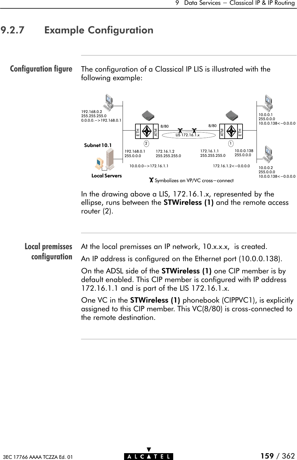 Configuration figureLocal premissesconfiguration9 Data Services - Classical IP &amp; IP Routing159 / 3623EC 17766 AAAA TCZZA Ed. 019.2.7 Example ConfigurationThe configuration of a Classical IP LIS is illustrated with thefollowing example:ETHATMATMETHSymbolizes an VP/VC cross-connect10.0.0.2255.0.0.010.0.0.138&lt;-0.0.0.010.0.0.1255.0.0.010.0.0.138&lt;-0.0.0.010.0.0.138255.0.0.0172.16.1.2255.255.255.0192.168.0.1255.0.0.0192.168.0.2255.255.255.00.0.0.0.-&gt;192.168.0.18/80 8/80172.16.1.2&lt;-0.0.0.0172.16.1.1255.255.255.010.0.0.0-&gt;172.16.1.1LIS 172.16.1.xSubnet 10.1Local Servers12In the drawing above a LIS, 172.16.1.x, represented by theellipse, runs between the STWireless (1) and the remote accessrouter (2).At the local premisses an IP network, 10.x.x.x, is created.An IP address is configured on the Ethernet port (10.0.0.138).On the ADSL side of the STWireless (1) one CIP member is bydefault enabled. This CIP member is configured with IP address172.16.1.1 and is part of the LIS 172.16.1.x.One VC in the STWireless (1) phonebook (CIPPVC1), is explicitlyassigned to this CIP member. This VC(8/80) is crossĆconnected tothe remote destination.