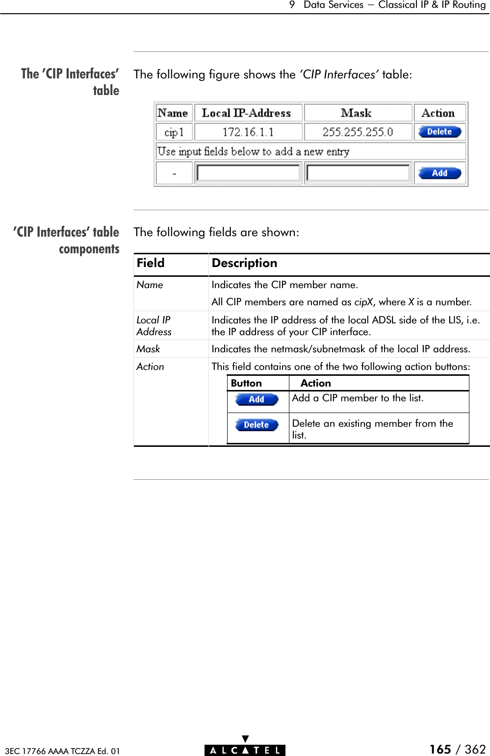 The &apos;CIP Interfaces&apos;table&apos;CIP Interfaces&apos; tablecomponents9 Data Services - Classical IP &amp; IP Routing165 / 3623EC 17766 AAAA TCZZA Ed. 01The following figure shows the &apos;CIP Interfaces&apos; table:The following fields are shown:Field DescriptionName Indicates the CIP member name.All CIP members are named as cipX, where Xis a number.Local IPAddressIndicates the IP address of the local ADSL side of the LIS, i.e.the IP address of your CIP interface.Mask Indicates the netmask/subnetmask of the local IP address.Action This field contains one of the two following action buttons:Button ActionDelete an existing member from thelist.Add a CIP member to the list.