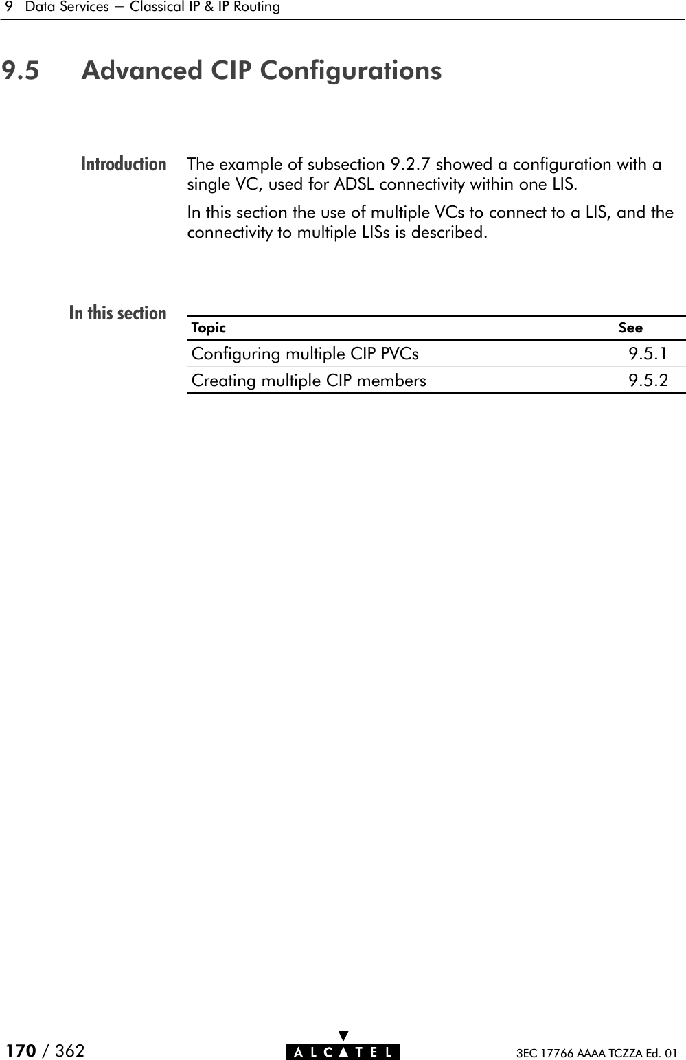 IntroductionIn this section9 Data Services - Classical IP &amp; IP Routing170 / 362 3EC 17766 AAAA TCZZA Ed. 019.5 Advanced CIP ConfigurationsThe example of subsection 9.2.7 showed a configuration with asingle VC, used for ADSL connectivity within one LIS.In this section the use of multiple VCs to connect to a LIS, and theconnectivity to multiple LISs is described.Topic SeeConfiguring multiple CIP PVCs 9.5.1Creating multiple CIP members 9.5.2