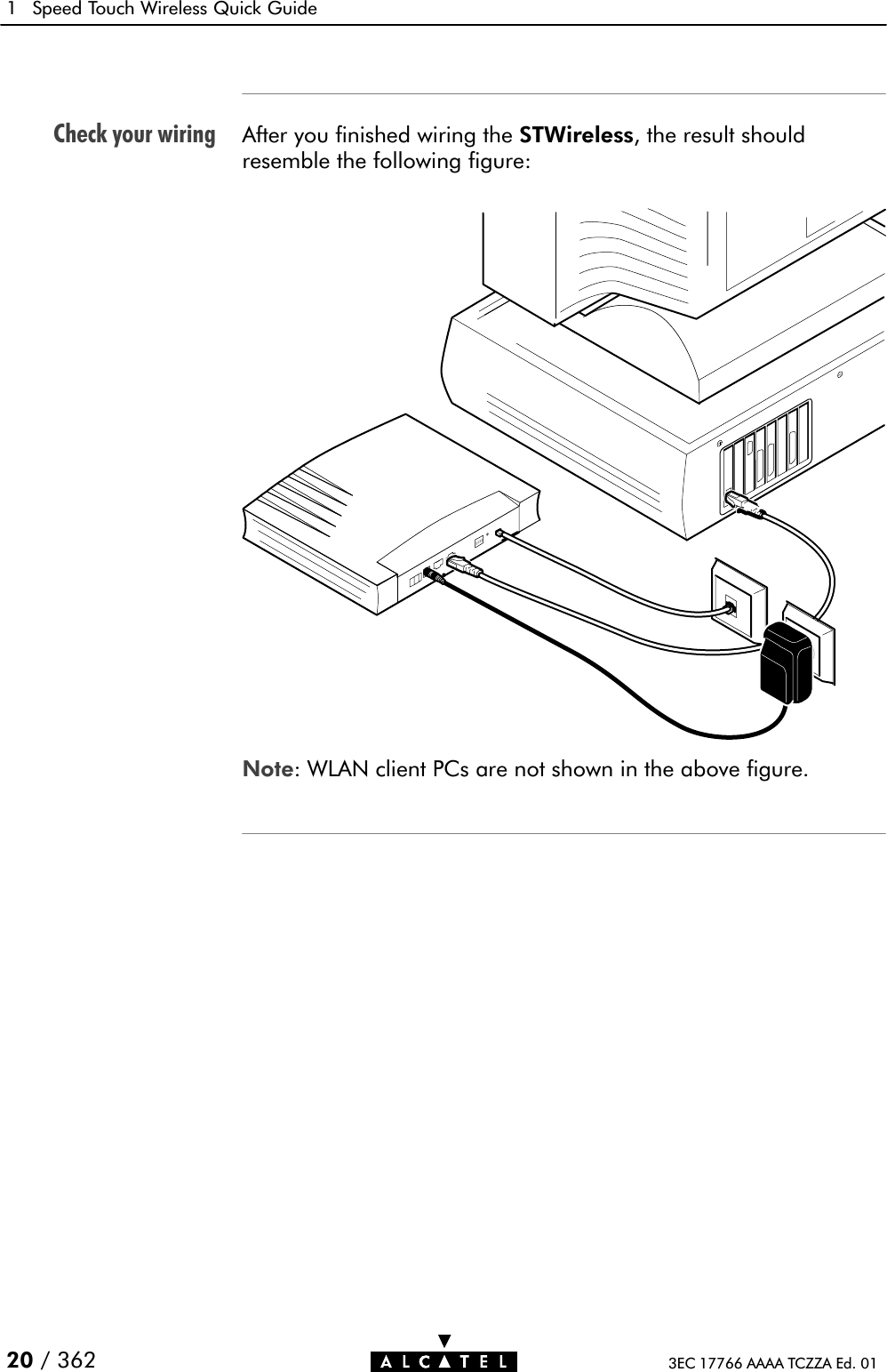 Check your wiring1 Speed Touch Wireless Quick Guide20 / 362 3EC 17766 AAAA TCZZA Ed. 01After you finished wiring the STWireless, the result shouldresemble the following figure:Note: WLAN client PCs are not shown in the above figure.