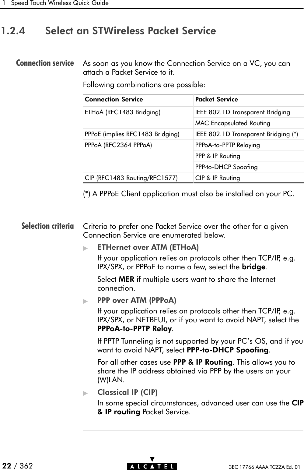 Connection serviceSelection criteria1 Speed Touch Wireless Quick Guide22 / 362 3EC 17766 AAAA TCZZA Ed. 011.2.4 Select an STWireless Packet ServiceAs soon as you know the Connection Service on a VC, you canattach a Packet Service to it.Following combinations are possible:Connection Service Packet ServiceETHoA (RFC1483 Bridging) IEEE 802.1D Transparent Bridging(gg)MAC Encapsulated RoutingPPPoE (implies RFC1483 Bridging) IEEE 802.1D Transparent Bridging (*)PPPoA (RFC2364 PPPoA) PPPoAĆtoĆPPTP Relaying()PPP &amp; IP RoutingPPPĆtoĆDHCP SpoofingCIP (RFC1483 Routing/RFC1577) CIP &amp; IP Routing(*) A PPPoE Client application must also be installed on your PC.Criteria to prefer one Packet Service over the other for a givenConnection Service are enumerated below.&quot;ETHernet over ATM (ETHoA)If your application relies on protocols other then TCP/IP, e.g.IPX/SPX, or PPPoE to name a few, select the bridge.Select MER if multiple users want to share the Internetconnection.&quot;PPP over ATM (PPPoA)If your application relies on protocols other then TCP/IP, e.g.IPX/SPX, or NETBEUI, or if you want to avoid NAPT, select thePPPoAĆtoĆPPTP Relay.If PPTP Tunneling is not supported by your PC&apos;s OS, and if youwant to avoid NAPT, select PPPĆtoĆDHCP Spoofing.For all other cases use PPP &amp; IP Routing. This allows you toshare the IP address obtained via PPP by the users on your(W)LAN.&quot;Classical IP (CIP)In some special circumstances, advanced user can use the CIP&amp; IP routing Packet Service.