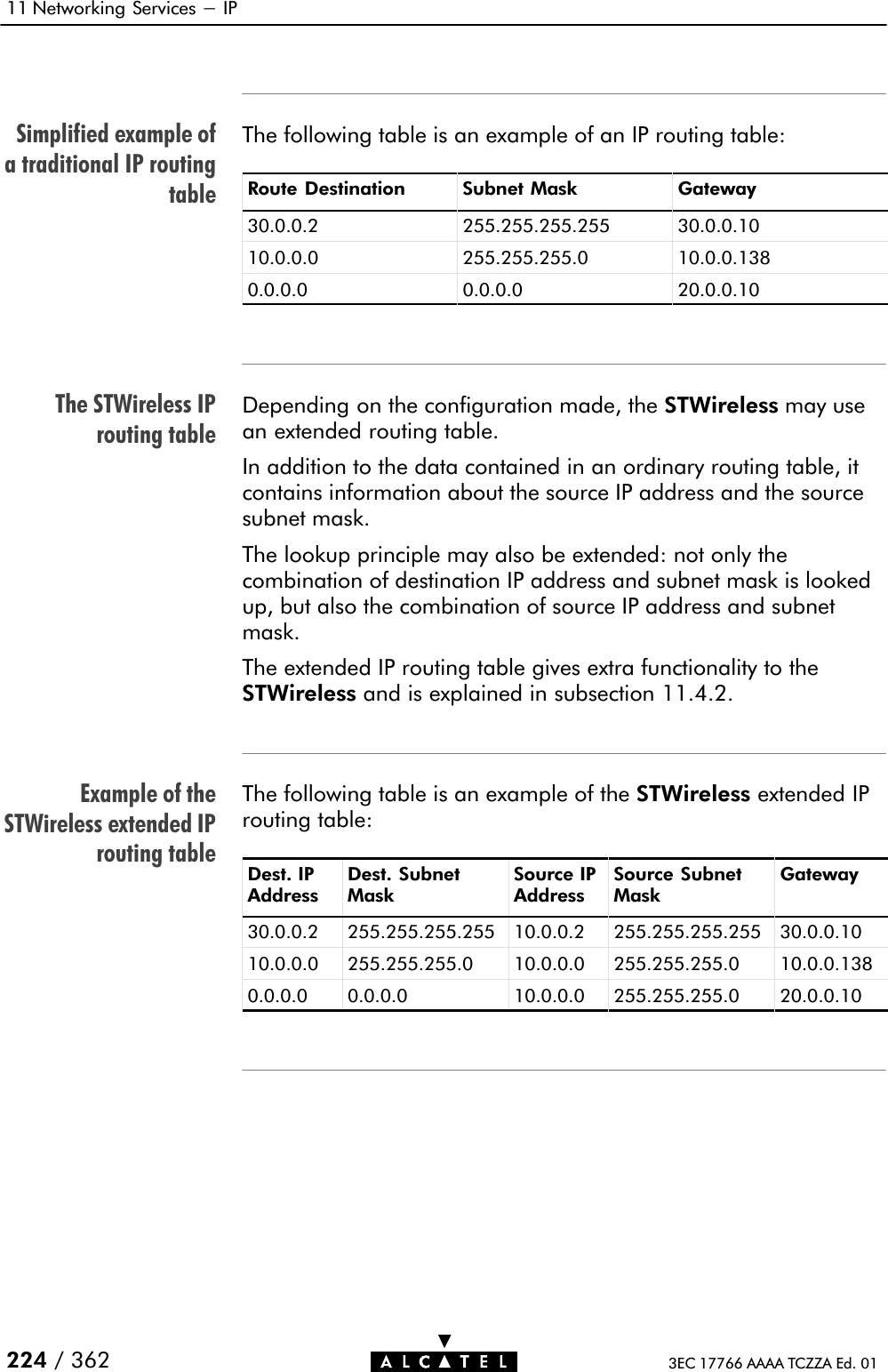 Simplified example ofa traditional IP routingtableThe STWireless IProuting tableExample of theSTWireless extended IProuting table11 Networking Services - IP224 / 362 3EC 17766 AAAA TCZZA Ed. 01The following table is an example of an IP routing table:Route Destination Subnet Mask Gateway30.0.0.2 255.255.255.255 30.0.0.1010.0.0.0 255.255.255.0 10.0.0.1380.0.0.0 0.0.0.0 20.0.0.10Depending on the configuration made, the STWireless may usean extended routing table.In addition to the data contained in an ordinary routing table, itcontains information about the source IP address and the sourcesubnet mask.The lookup principle may also be extended: not only thecombination of destination IP address and subnet mask is lookedup, but also the combination of source IP address and subnetmask.The extended IP routing table gives extra functionality to theSTWireless and is explained in subsection 11.4.2.The following table is an example of the STWireless extended IProuting table:Dest. IPAddressDest. SubnetMaskSource IPAddressSource SubnetMaskGateway30.0.0.2 255.255.255.255 10.0.0.2 255.255.255.255 30.0.0.1010.0.0.0 255.255.255.0 10.0.0.0 255.255.255.0 10.0.0.1380.0.0.0 0.0.0.0 10.0.0.0 255.255.255.0 20.0.0.10