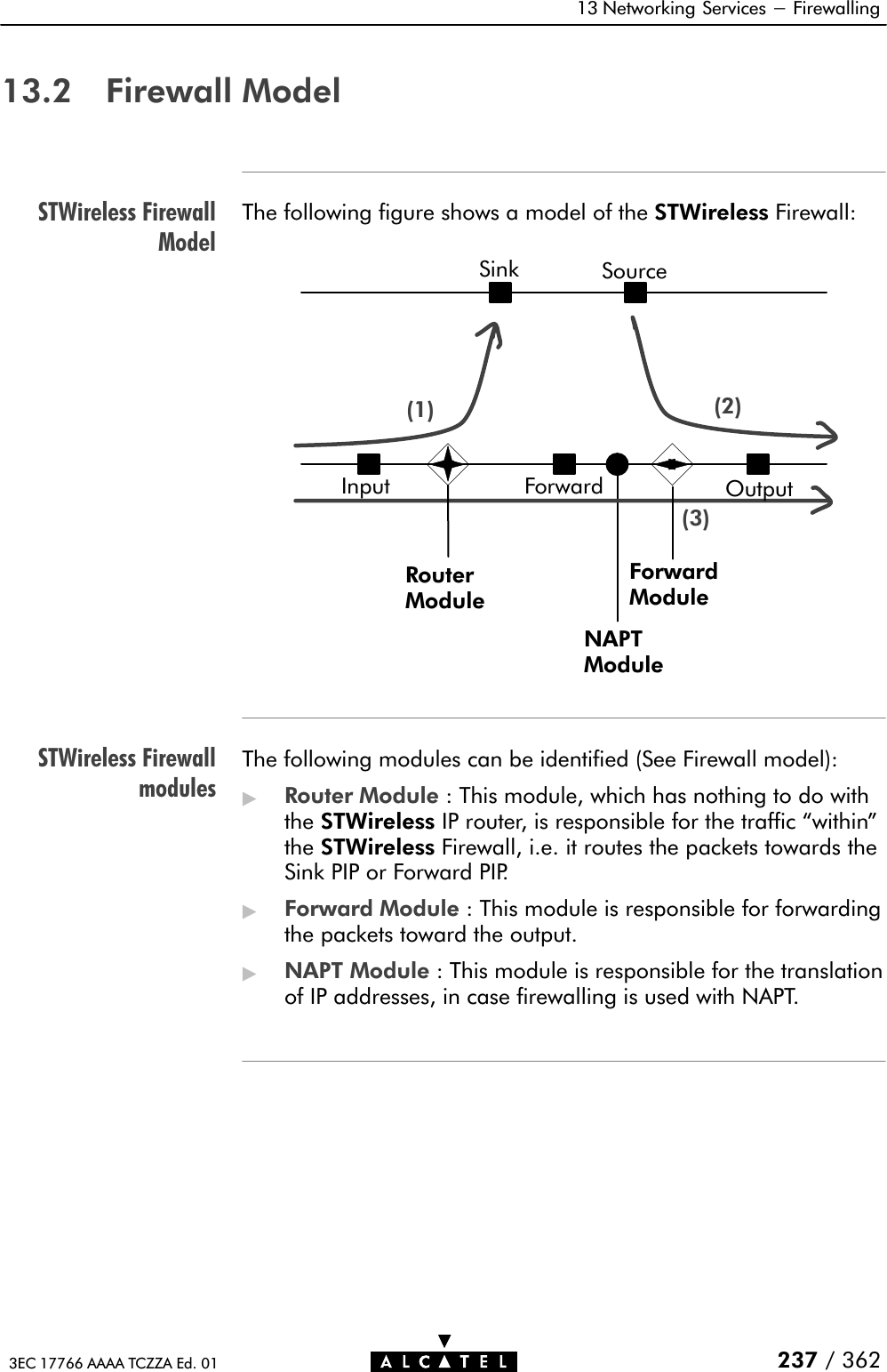 STWireless FirewallModelSTWireless Firewallmodules13 Networking Services - Firewalling237 / 3623EC 17766 AAAA TCZZA Ed. 0113.2 Firewall ModelThe following figure shows a model of the STWireless Firewall:(1) (2)(3)Sink SourceInput OutputForwardRouterModuleForwardModuleNAPTModuleThe following modules can be identified (See Firewall model):&quot;Router Module : This module, which has nothing to do withthe STWireless IP router, is responsible for the traffic within&quot;the STWireless Firewall, i.e. it routes the packets towards theSink PIP or Forward PIP.&quot;Forward Module : This module is responsible for forwardingthe packets toward the output.&quot;NAPT Module : This module is responsible for the translationof IP addresses, in case firewalling is used with NAPT.