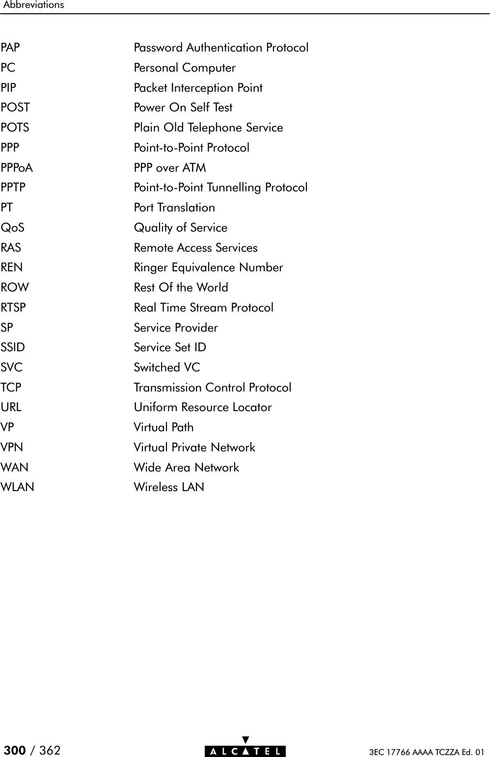 Abbreviations300 / 362 3EC 17766 AAAA TCZZA Ed. 01PAP Password Authentication ProtocolPC Personal ComputerPIP Packet Interception PointPOST Power On Self TestPOTS Plain Old Telephone ServicePPP PointĆtoĆPoint ProtocolPPPoA PPP over ATMPPTP PointĆtoĆPoint Tunnelling ProtocolPT Port TranslationQoS Quality of ServiceRAS Remote Access ServicesREN Ringer Equivalence NumberROW Rest Of the WorldRTSP Real Time Stream ProtocolSP Service ProviderSSID Service Set IDSVC Switched VCTCP Transmission Control ProtocolURL Uniform Resource LocatorVP Virtual PathVPN Virtual Private NetworkWAN Wide Area NetworkWLAN Wireless LAN