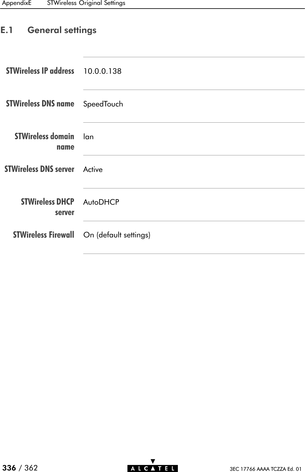 STWireless IP addressSTWireless DNS nameSTWireless domainnameSTWireless DNS serverSTWireless DHCPserverSTWireless FirewallAppendixE STWireless Original Settings336 / 362 3EC 17766 AAAA TCZZA Ed. 01E.1 General settings10.0.0.138SpeedTouchlanActiveAutoDHCPOn (default settings)