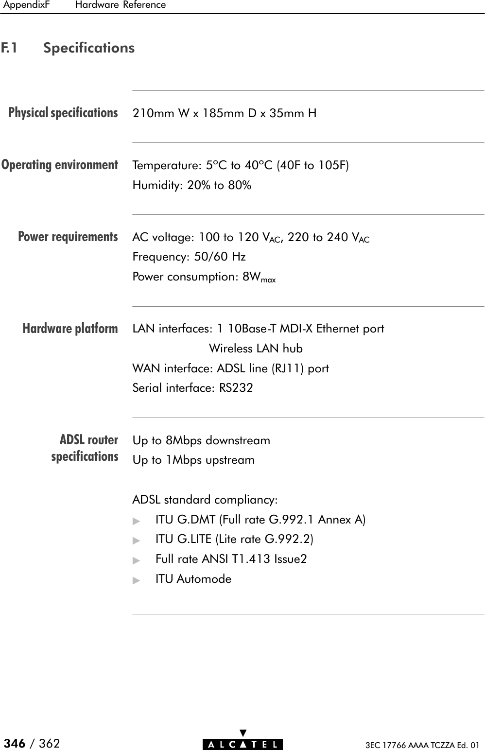 Physical specificationsOperating environmentPower requirementsHardware platformADSL routerspecificationsAppendixF Hardware Reference346 / 362 3EC 17766 AAAA TCZZA Ed. 01F.1 Specifications210mm W x 185mm D x 35mm HTemperature: 5ºC to 40ºC (40F to 105F)Humidity: 20% to 80%AC voltage: 100 to 120 VAC, 220 to 240 VACFrequency: 50/60 HzPower consumption: 8WmaxLAN interfaces: 1 10BaseĆT MDIĆX Ethernet portWireless LAN hubWAN interface: ADSL line (RJ11) portSerial interface: RS232Up to 8Mbps downstreamUp to 1Mbps upstreamADSL standard compliancy:&quot;ITU G.DMT (Full rate G.992.1 Annex A)&quot;ITU G.LITE (Lite rate G.992.2)&quot;Full rate ANSI T1.413 Issue2&quot;ITU Automode