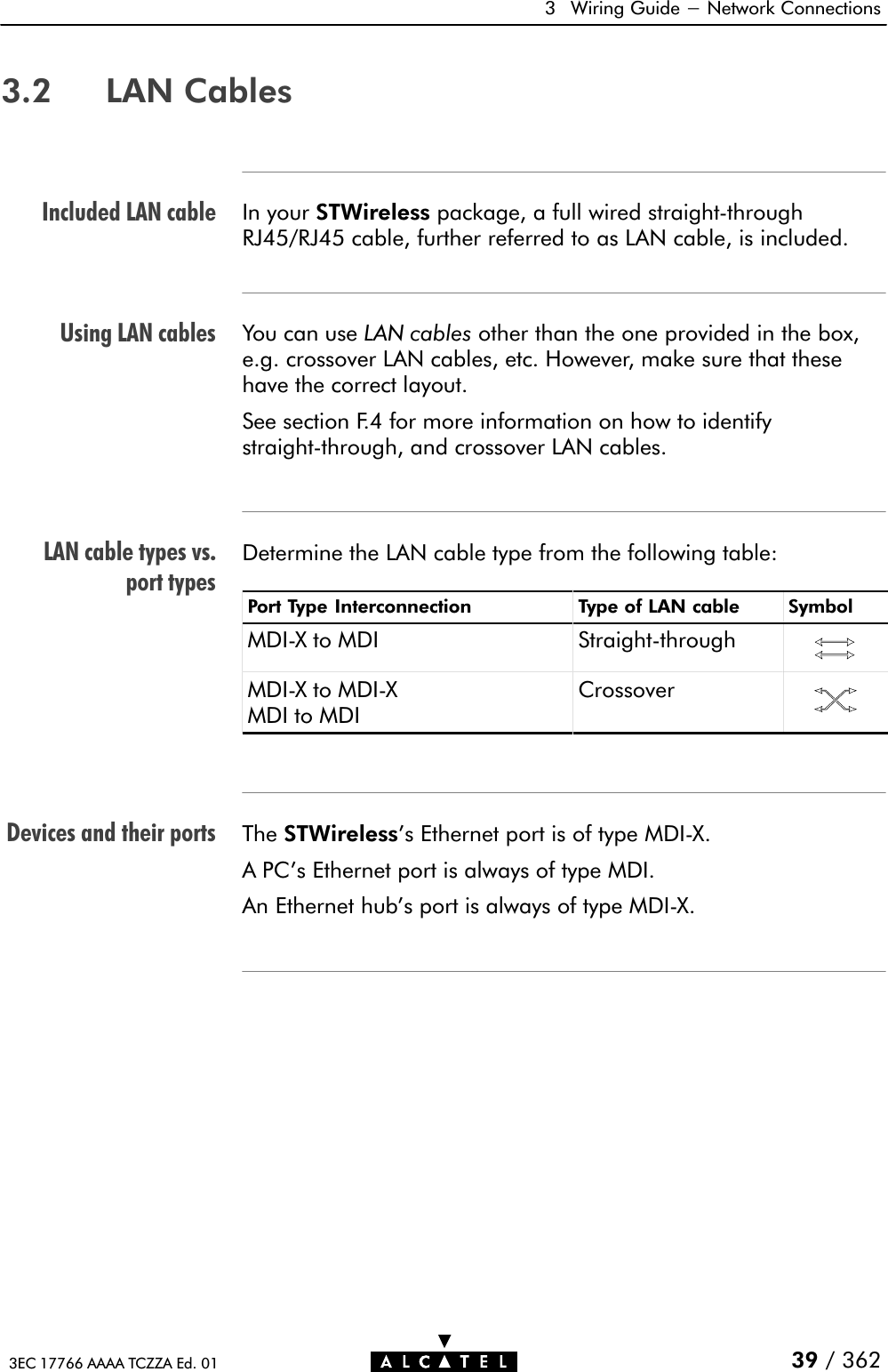 Included LAN cableUsing LAN cablesLAN cable types vs.port typesDevices and their ports3 Wiring Guide - Network Connections39 / 3623EC 17766 AAAA TCZZA Ed. 013.2 LAN CablesIn your STWireless package, a full wired straightĆthroughRJ45/RJ45 cable, further referred to as LAN cable, is included.You can use LAN cables other than the one provided in the box,e.g. crossover LAN cables, etc. However, make sure that thesehave the correct layout.See section F.4 for more information on how to identifystraightĆthrough, and crossover LAN cables.Determine the LAN cable type from the following table:Port Type Interconnection Type of LAN cable SymbolMDIĆX to MDI StraightĆthroughMDIĆX to MDIĆXMDI to MDICrossoverThe STWireless&apos;s Ethernet port is of type MDIĆX.A PC&apos;s Ethernet port is always of type MDI.An Ethernet hub&apos;s port is always of type MDIĆX.