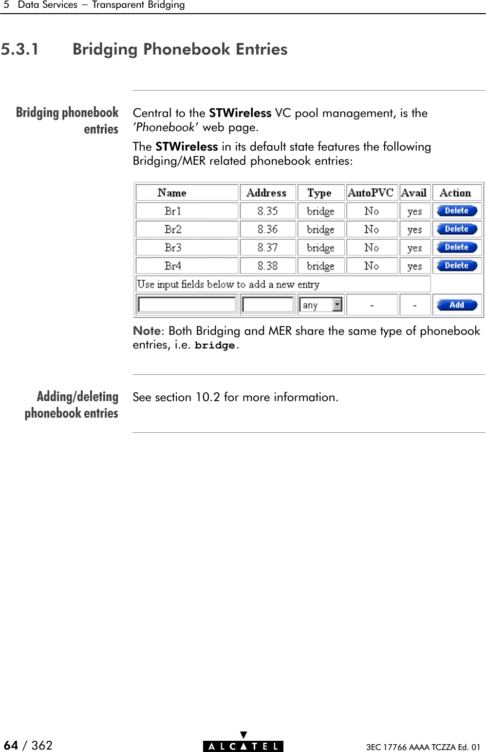 Bridging phonebookentriesAdding/deletingphonebook entries5 Data Services - Transparent Bridging64 / 362 3EC 17766 AAAA TCZZA Ed. 015.3.1 Bridging Phonebook EntriesCentral to the STWireless VC pool management, is the&apos;Phonebook&apos; web page.The STWireless in its default state features the followingBridging/MER related phonebook entries:Note: Both Bridging and MER share the same type of phonebookentries, i.e. bridge.See section 10.2 for more information.