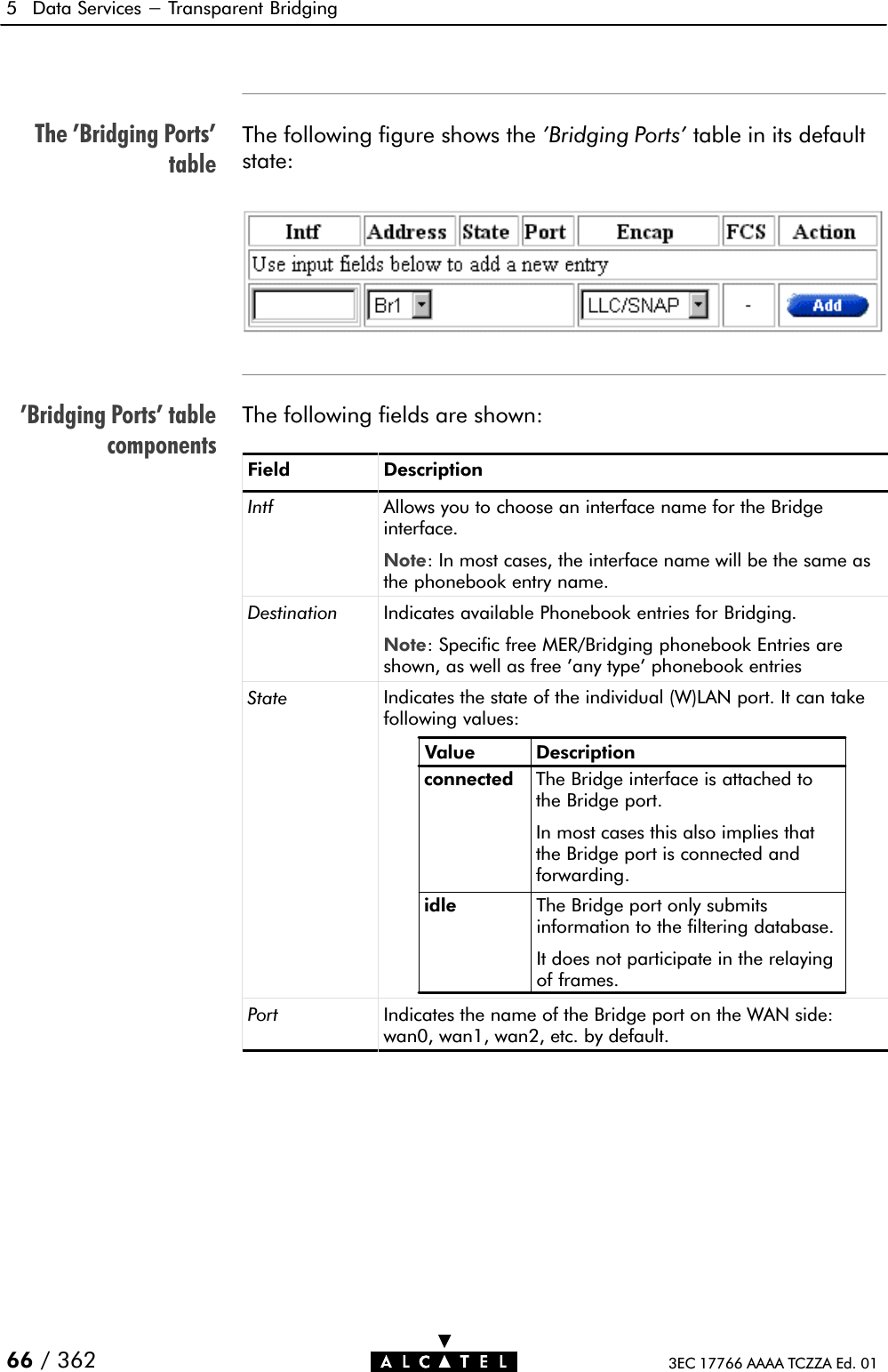 The &apos;Bridging Ports&apos;table&apos;Bridging Ports&apos; tablecomponents5 Data Services - Transparent Bridging66 / 362 3EC 17766 AAAA TCZZA Ed. 01The following figure shows the &apos;Bridging Ports&apos; table in its defaultstate:The following fields are shown:Field DescriptionIntf Allows you to choose an interface name for the Bridgeinterface.Note: In most cases, the interface name will be the same asthe phonebook entry name.Destination Indicates available Phonebook entries for Bridging.Note: Specific free MER/Bridging phonebook Entries areshown, as well as free &apos;any type&apos; phonebook entriesState Indicates the state of the individual (W)LAN port. It can takefollowing values:Value Descriptionconnectedidle The Bridge port only submitsinformation to the filtering database.It does not participate in the relayingof frames.The Bridge interface is attached tothe Bridge port.In most cases this also implies thatthe Bridge port is connected andforwarding.Port Indicates the name of the Bridge port on the WAN side:wan0, wan1, wan2, etc. by default.