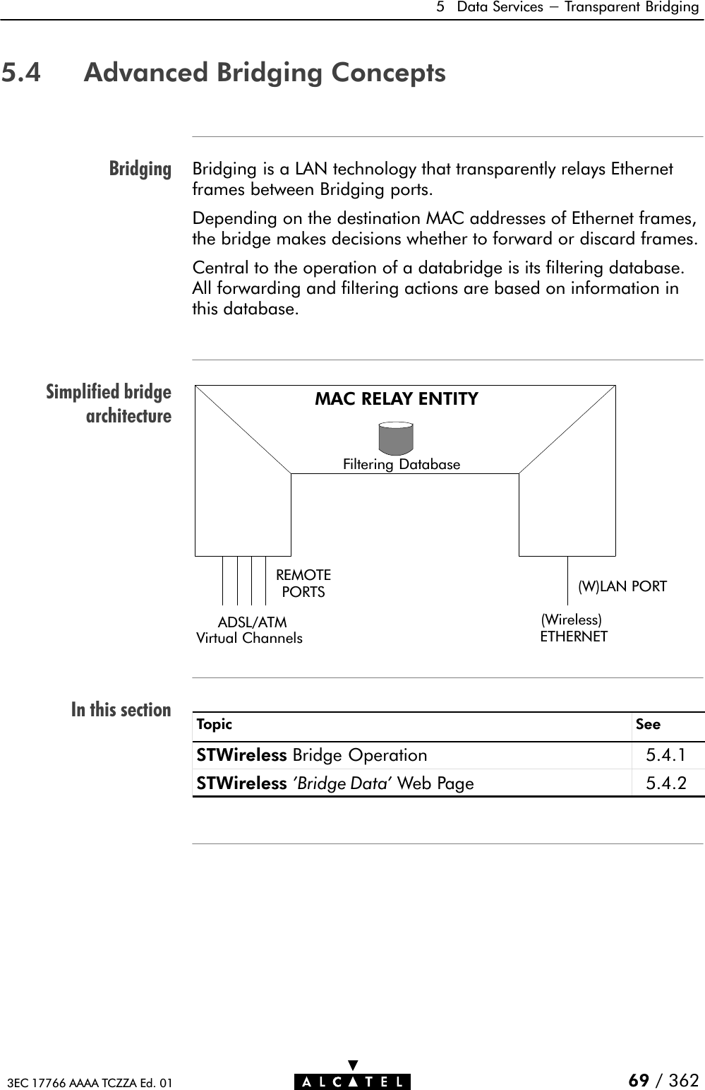 BridgingSimplified bridgearchitectureIn this section5 Data Services - Transparent Bridging69 / 3623EC 17766 AAAA TCZZA Ed. 015.4 Advanced Bridging ConceptsBridging is a LAN technology that transparently relays Ethernetframes between Bridging ports.Depending on the destination MAC addresses of Ethernet frames,the bridge makes decisions whether to forward or discard frames.Central to the operation of a databridge is its filtering database.All forwarding and filtering actions are based on information inthis database.MAC RELAY ENTITYADSL/ATM (Wireless)ETHERNET(W)LAN PORTFiltering DatabaseREMOTEPORTSVirtual ChannelsTopic SeeSTWireless Bridge Operation 5.4.1STWireless &apos;Bridge Data&apos; Web Page 5.4.2