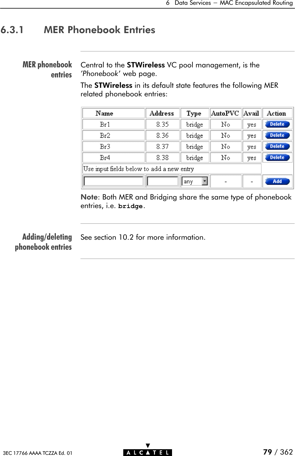 MER phonebookentriesAdding/deletingphonebook entries6 Data Services - MAC Encapsulated Routing79 / 3623EC 17766 AAAA TCZZA Ed. 016.3.1 MER Phonebook EntriesCentral to the STWireless VC pool management, is the&apos;Phonebook&apos; web page.The STWireless in its default state features the following MERrelated phonebook entries:Note: Both MER and Bridging share the same type of phonebookentries, i.e. bridge.See section 10.2 for more information.