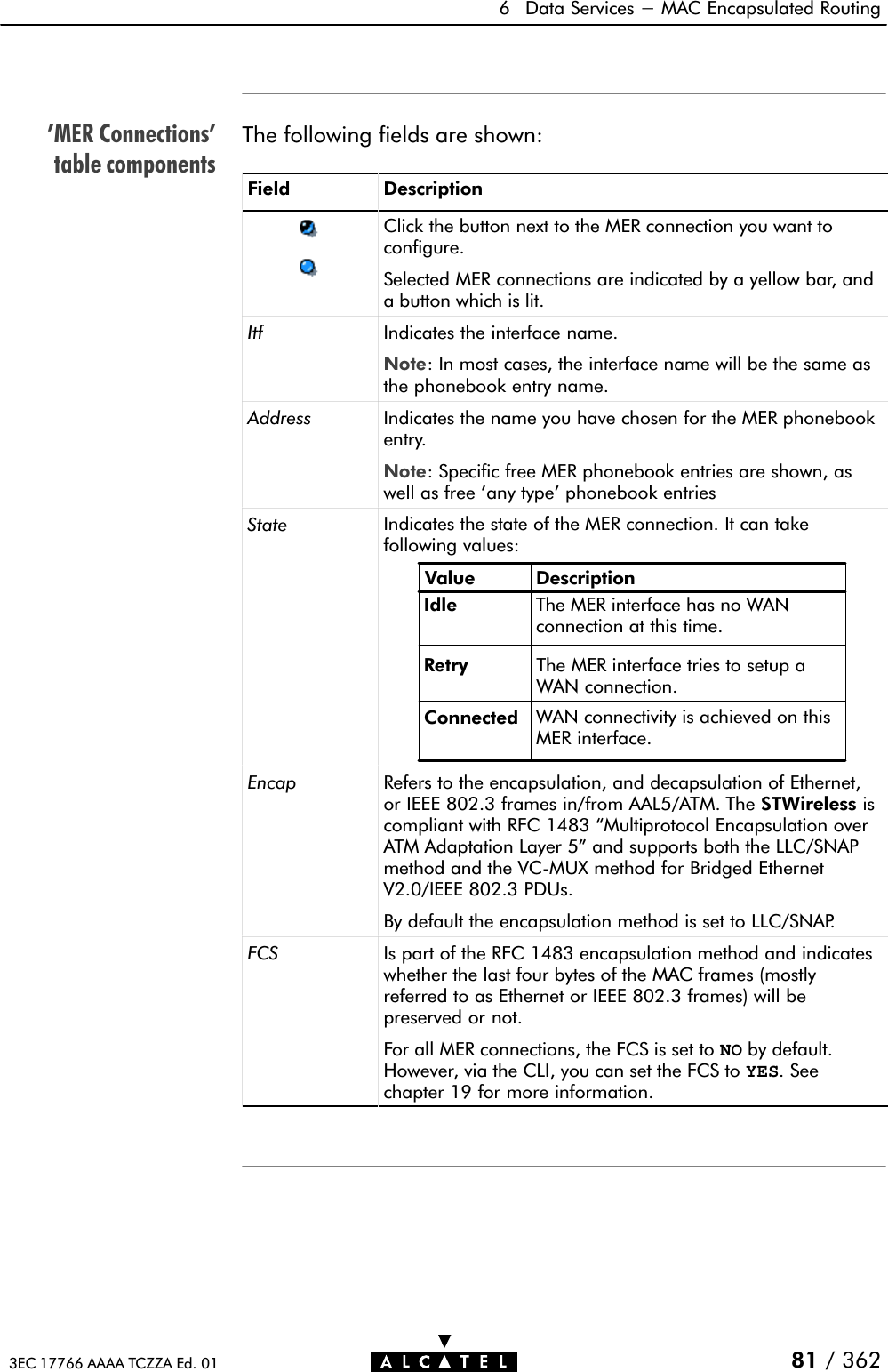 &apos;MER Connections&apos;table components6 Data Services - MAC Encapsulated Routing81 / 3623EC 17766 AAAA TCZZA Ed. 01The following fields are shown:Field DescriptionClick the button next to the MER connection you want toconfigure.Selected MER connections are indicated by a yellow bar, anda button which is lit.Itf Indicates the interface name.Note: In most cases, the interface name will be the same asthe phonebook entry name.Address Indicates the name you have chosen for the MER phonebookentry.Note: Specific free MER phonebook entries are shown, aswell as free &apos;any type&apos; phonebook entriesState Indicates the state of the MER connection. It can takefollowing values:Value DescriptionIdleRetry The MER interface tries to setup aWAN connection.Connected WAN connectivity is achieved on thisMER interface.The MER interface has no WANconnection at this time.Encap Refers to the encapsulation, and decapsulation of Ethernet,or IEEE 802.3 frames in/from AAL5/ATM. The STWireless iscompliant with RFC 1483 Multiprotocol Encapsulation overATM Adaptation Layer 5&quot; and supports both the LLC/SNAPmethod and the VCĆMUX method for Bridged EthernetV2.0/IEEE 802.3 PDUs.By default the encapsulation method is set to LLC/SNAP.FCS Is part of the RFC 1483 encapsulation method and indicateswhether the last four bytes of the MAC frames (mostlyreferred to as Ethernet or IEEE 802.3 frames) will bepreserved or not.For all MER connections, the FCS is set to NO by default.However, via the CLI, you can set the FCS to YES. Seechapter 19 for more information.