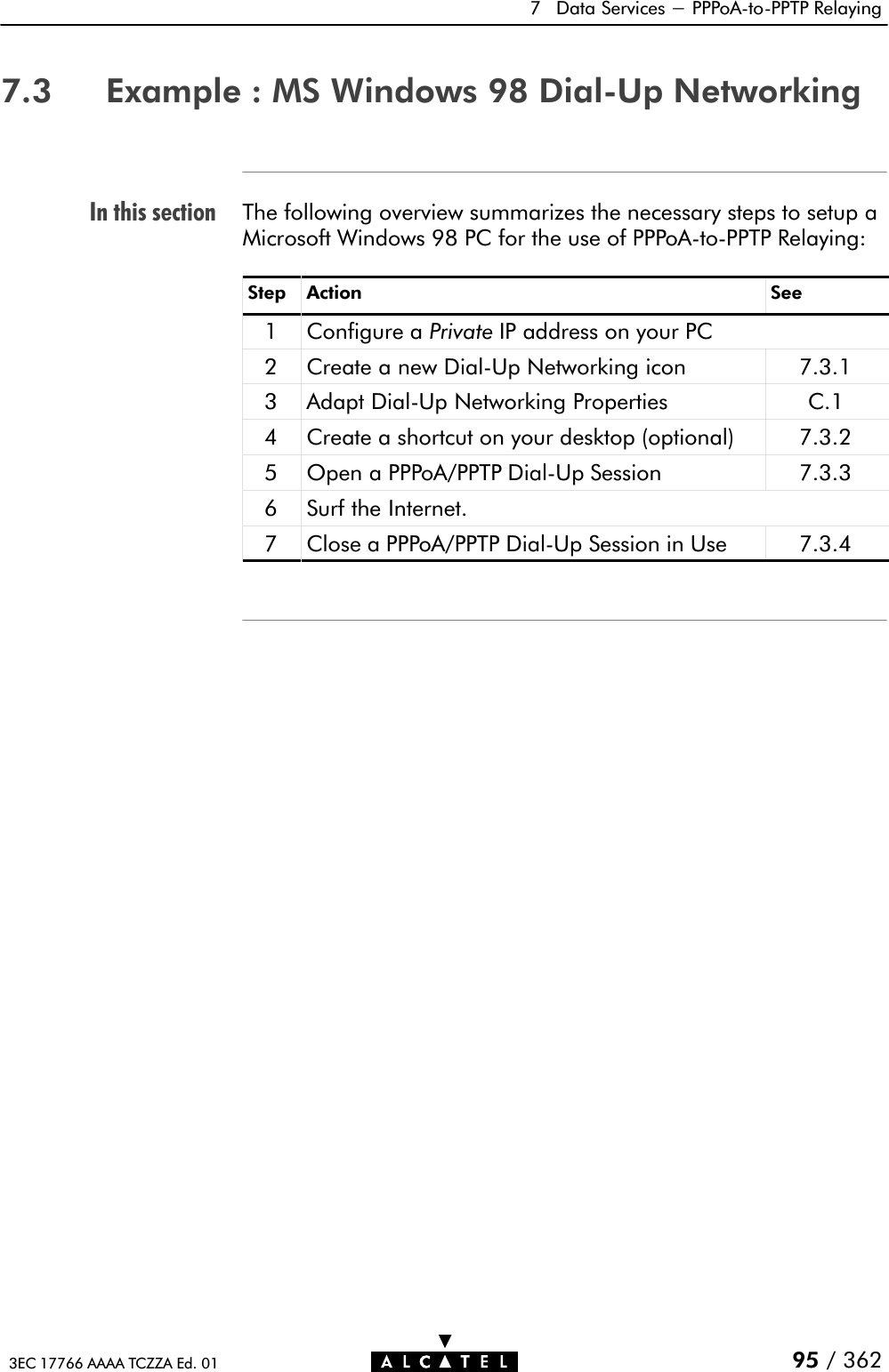 In this section7 Data Services - PPPoAĆtoĆPPTP Relaying95 / 3623EC 17766 AAAA TCZZA Ed. 017.3 Example : MS Windows 98 DialĆUp NetworkingThe following overview summarizes the necessary steps to setup aMicrosoft Windows 98 PC for the use of PPPoAĆtoĆPPTP Relaying:Step Action See1 Configure a Private IP address on your PC2 Create a new DialĆUp Networking icon 7.3.13 Adapt DialĆUp Networking Properties C.14 Create a shortcut on your desktop (optional) 7.3.25 Open a PPPoA/PPTP DialĆUp Session 7.3.36 Surf the Internet.7 Close a PPPoA/PPTP DialĆUp Session in Use 7.3.4