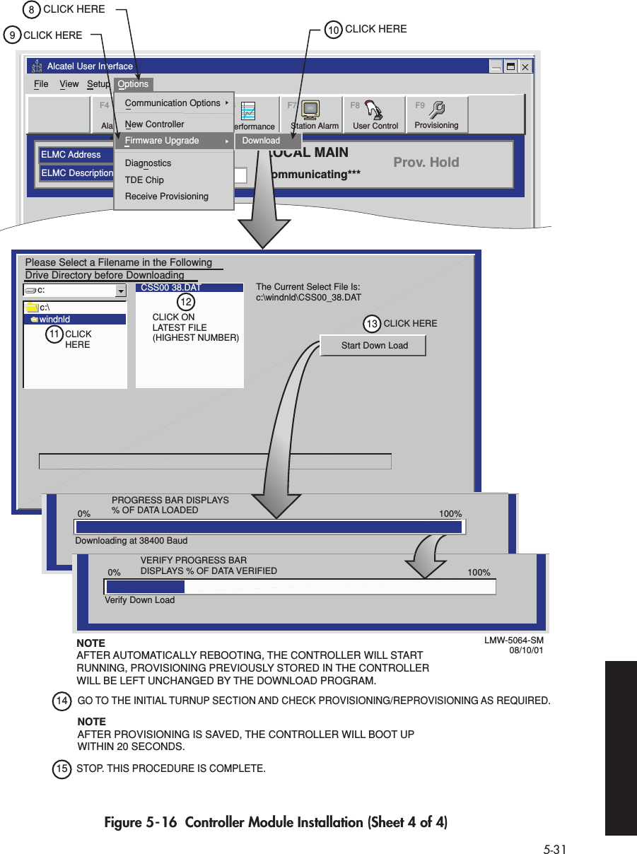  5-31 Figure 5-16  Controller Module Installation (Sheet 4 of 4)Alcatel User InterfaceELMC AddressELMC DescriptionsLOCAL MAINCommunicating***Prov. HoldFile View Setup OptionsF6PerformanceAlarm StatusF4Station AlarmF7 F9User ControlF8F5ProvisioningCommunication OptionsDiagnosticsTDE ChipReceive ProvisioningNew ControllerCLICK HERE8CLICK HERE109Firmware UpgradeCLICK HEREc:c:\CSS00 38.DATThe Current Select File Is:c:\windnld\CSS00_38.DATwindnldDownloading at 38400 BaudVerify Down LoadPlease Select a Filename in the FollowingDrive Directory before DownloadingCSS00 38.DATLMW-5064-SM        08/10/01131211Start Down LoadCLICKHEREPROGRESS BAR DISPLAYS % OF DATA LOADEDVERIFY PROGRESS BAR DISPLAYS % OF DATA VERIFIED0%0%100%100%CLICK ONLATEST FILE(HIGHEST NUMBER)CLICK HERENOTEAFTER AUTOMATICALLY REBOOTING, THE CONTROLLER WILL START RUNNING, PROVISIONING PREVIOUSLY STORED IN THE CONTROLLER WILL BE LEFT UNCHANGED BY THE DOWNLOAD PROGRAM.1514GO TO THE INITIAL TURNUP SECTION AND CHECK PROVISIONING/REPROVISIONING AS REQUIRED.NOTEAFTER PROVISIONING IS SAVED, THE CONTROLLER WILL BOOT UPWITHIN 20 SECONDS.STOP. THIS PROCEDURE IS COMPLETE.Download