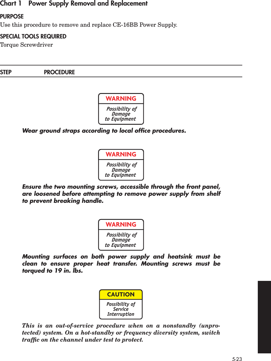  5-23 Chart 1 Power Supply Removal and Replacement PURPOSE Use this procedure to remove and replace CE-16BB Power Supply. SPECIAL TOOLS REQUIRED Torque Screwdriver STEP PROCEDURE Wear ground straps according to local ofﬁce procedures.Ensure the two mounting screws, accessible through the front panel,are loosened before attempting to remove power supply from shelfto prevent breaking handle.Mounting surfaces on both power supply and heatsink must beclean to ensure proper heat transfer. Mounting screws must betorqued to 19 in. lbs. This is an out-of-service procedure when on a nonstandby (unpro-tected) system. On a hot-standby or frequency diversity system, switchtrafﬁc on the channel under test to protect.WARNINGPossibility ofDamageto EquipmentWARNINGPossibility ofDamageto EquipmentWARNINGPossibility ofDamageto EquipmentCAUTIONPossibility ofServiceInterruption