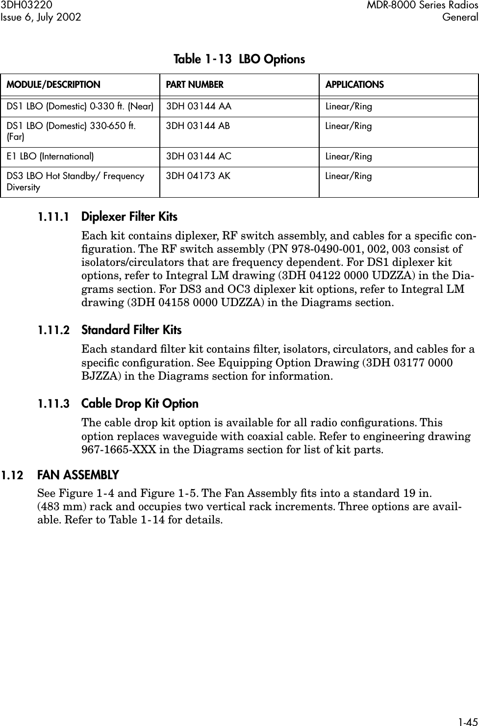 3DH03220 MDR-8000 Series RadiosIssue 6, July 2002 General1-451.11.1 Diplexer Filter KitsEach kit contains diplexer, RF switch assembly, and cables for a speciﬁc con-ﬁguration. The RF switch assembly (PN 978-0490-001, 002, 003 consist of isolators/circulators that are frequency dependent. For DS1 diplexer kit options, refer to Integral LM drawing (3DH 04122 0000 UDZZA) in the Dia-grams section. For DS3 and OC3 diplexer kit options, refer to Integral LM drawing (3DH 04158 0000 UDZZA) in the Diagrams section.1.11.2 Standard Filter KitsEach standard ﬁlter kit contains ﬁlter, isolators, circulators, and cables for a speciﬁc conﬁguration. See Equipping Option Drawing (3DH 03177 0000 BJZZA) in the Diagrams section for information.1.11.3 Cable Drop Kit OptionThe cable drop kit option is available for all radio conﬁgurations. This option replaces waveguide with coaxial cable. Refer to engineering drawing 967-1665-XXX in the Diagrams section for list of kit parts.1.12 FAN ASSEMBLYSee Figure 1-4 and Figure 1-5. The Fan Assembly ﬁts into a standard 19 in. (483 mm) rack and occupies two vertical rack increments. Three options are avail-able. Refer to Table 1-14 for details. Table 1-13  LBO OptionsMODULE/DESCRIPTION PART NUMBER APPLICATIONSDS1 LBO (Domestic) 0-330 ft. (Near) 3DH 03144 AA Linear/RingDS1 LBO (Domestic) 330-650 ft. (Far) 3DH 03144 AB Linear/RingE1 LBO (International) 3DH 03144 AC Linear/RingDS3 LBO Hot Standby/ Frequency Diversity 3DH 04173 AK Linear/Ring