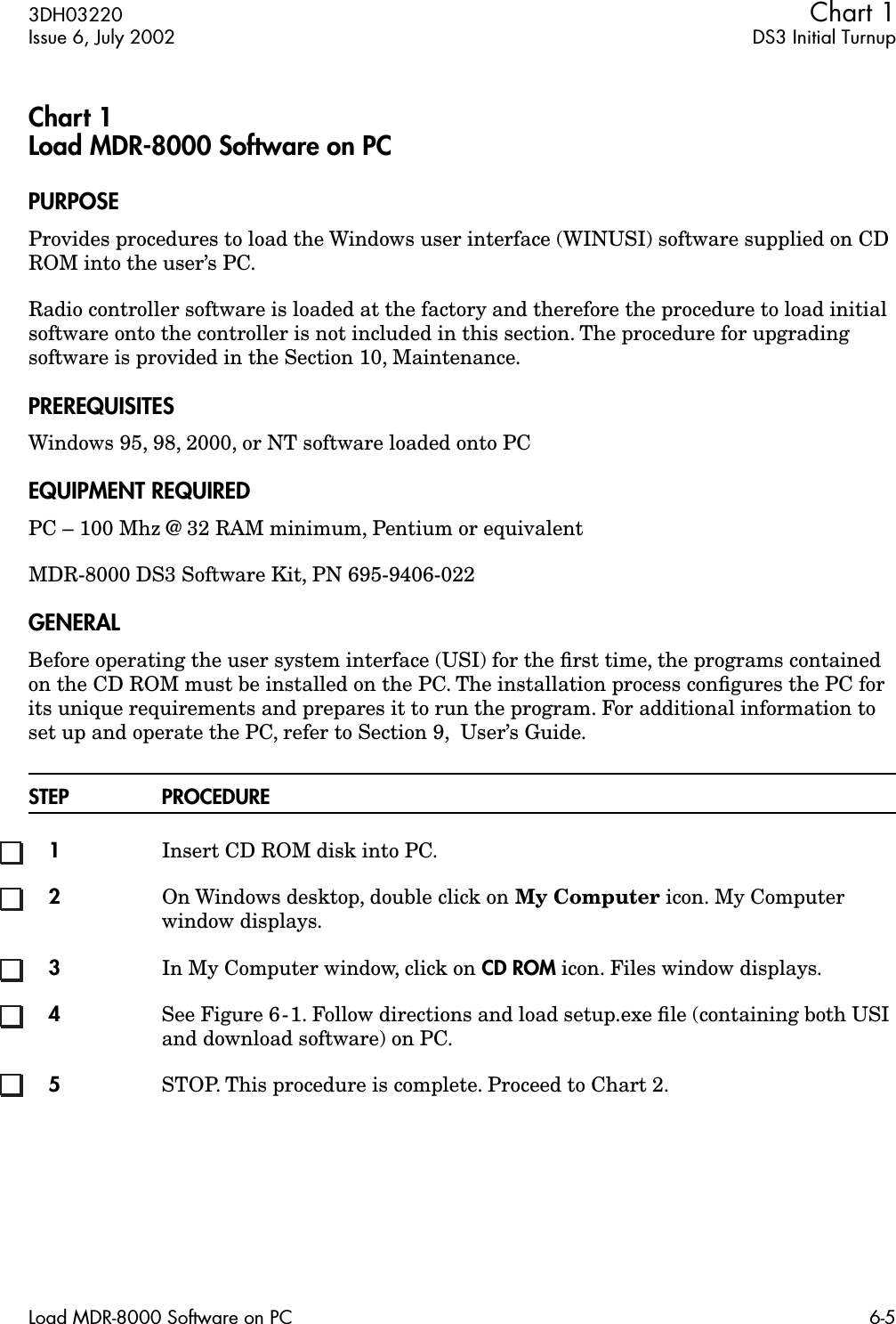  3DH03220 Chart 1 Issue 6, July 2002 DS3 Initial TurnupLoad MDR-8000 Software on PC 6-5 Chart 1Load MDR-8000 Software on PC PURPOSE Provides procedures to load the Windows user interface (WINUSI) software supplied on CD ROM into the user’s PC. Radio controller software is loaded at the factory and therefore the procedure to load initial software onto the controller is not included in this section. The procedure for upgrading software is provided in the Section 10, Maintenance. PREREQUISITES Windows 95, 98, 2000, or NT software loaded onto PC EQUIPMENT REQUIRED PC – 100 Mhz @ 32 RAM minimum, Pentium or equivalentMDR-8000 DS3 Software Kit, PN 695-9406-022 GENERAL Before operating the user system interface (USI) for the ﬁrst time, the programs contained on the CD ROM must be installed on the PC. The installation process conﬁgures the PC for its unique requirements and prepares it to run the program. For additional information to set up and operate the PC, refer to Section 9,  User’s Guide. STEP PROCEDURE1 Insert CD ROM disk into PC. 2 On Windows desktop, double click on  My Computer  icon. My Computer window displays. 3 In My Computer window, click on  CD ROM  icon. Files window displays. 4 See Figure 6-1. Follow directions and load setup.exe ﬁle (containing both USI and download software) on PC. 5 STOP. This procedure is complete. Proceed to Chart 2.