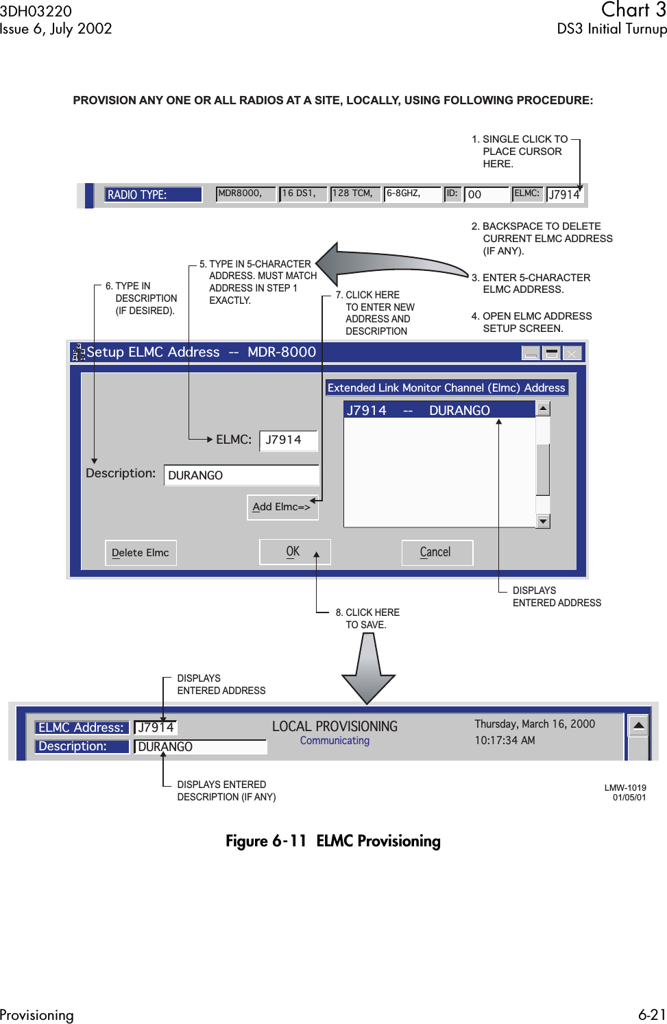  3DH03220 Chart 3 Issue 6, July 2002 DS3 Initial TurnupProvisioning 6-21 Figure 6-11  ELMC Provisioning   Setup ELMC Address  --  MDR-8000Extended Link Monitor Channel (Elmc) AddressJ7914DURANGODescription:ELMC:OK CancelDelete ElmcAdd Elmc=&gt;J7914    --    DURANGO5. TYPE IN 5-CHARACTER  ADDRESS. MUST MATCH  ADDRESS IN STEP 1  EXACTLY.6. TYPE IN  DESCRIPTION  (IF DESIRED).7. CLICK HERE TO ENTER NEW ADDRESS AND  DESCRIPTION8. CLICK HERE TO SAVE.PROVISION ANY ONE OR ALL RADIOS AT A SITE, LOCALLY, USING FOLLOWING PROCEDURE:LOCAL PROVISIONINGCommunicatingELMC Address:Description:DURANGOJ7914Thursday, March 16, 200010:17:34 AM2. BACKSPACE TO DELETE   CURRENT ELMC ADDRESS  (IF ANY).3. ENTER 5-CHARACTER ELMC ADDRESS.4. OPEN ELMC ADDRESS   SETUP SCREEN.LMW-101901/05/01RADIO TYPE:MDR8000, 16 DS1, 128 TCM, 6-8GHZ, 00 ELMC:ID:J79141. SINGLE CLICK TO  PLACE CURSOR   HERE.DISPLAYS ENTERED ADDRESSDISPLAYS ENTERED DESCRIPTION (IF ANY)DISPLAYS ENTERED ADDRESS