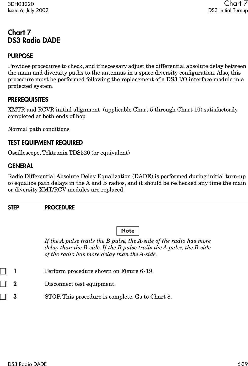 3DH03220 Chart 7Issue 6, July 2002 DS3 Initial TurnupDS3 Radio DADE 6-39Chart 7DS3 Radio DADEPURPOSEProvides procedures to check, and if necessary adjust the differential absolute delay between the main and diversity paths to the antennas in a space diversity conﬁguration. Also, this procedure must be performed following the replacement of a DS3 I/O interface module in a protected system.PREREQUISITESXMTR and RCVR initial alignment  (applicable Chart 5 through Chart 10) satisfactorily completed at both ends of hopNormal path conditionsTEST EQUIPMENT REQUIREDOscilloscope, Tektronix TDS520 (or equivalent)GENERALRadio Differential Absolute Delay Equalization (DADE) is performed during initial turn-up to equalize path delays in the A and B radios, and it should be rechecked any time the main or diversity XMT/RCV modules are replaced.STEP PROCEDUREIf the A pulse trails the B pulse, the A-side of the radio has moredelay than the B-side. If the B pulse trails the A pulse, the B-sideof the radio has more delay than the A-side.1Perform procedure shown on Figure 6-19.2Disconnect test equipment.3STOP. This procedure is complete. Go to Chart 8.Note