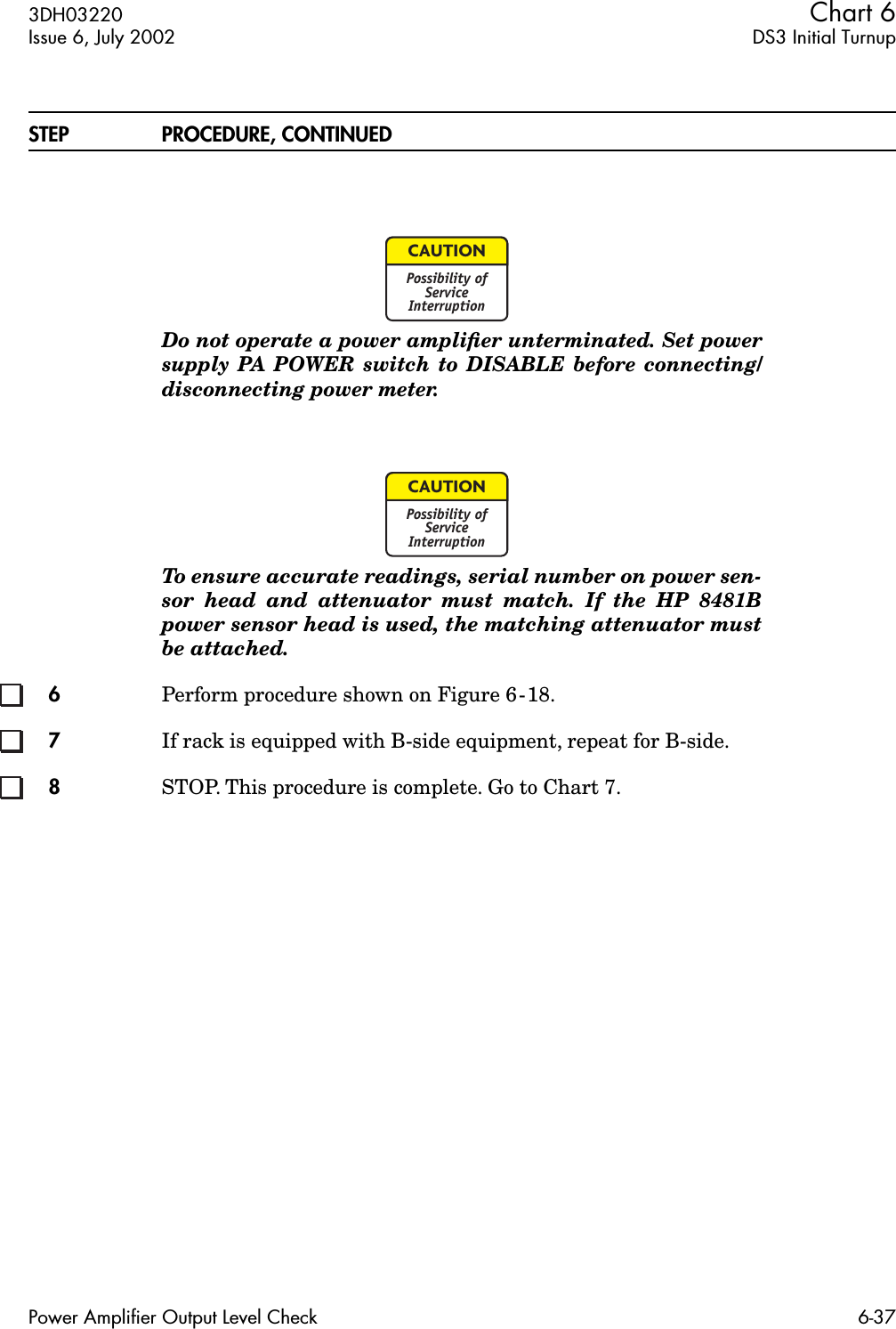 3DH03220 Chart 6Issue 6, July 2002 DS3 Initial TurnupPower Amplifier Output Level Check 6-37STEP PROCEDURE, CONTINUEDDo not operate a power ampliﬁer unterminated. Set powersupply PA POWER switch to DISABLE before connecting/disconnecting power meter.To ensure accurate readings, serial number on power sen-sor head and attenuator must match. If the HP 8481Bpower sensor head is used, the matching attenuator mustbe attached.6Perform procedure shown on Figure 6-18.7If rack is equipped with B-side equipment, repeat for B-side.8STOP. This procedure is complete. Go to Chart 7.CAUTIONPossibility ofServiceInterruptionCAUTIONPossibility ofServiceInterruption