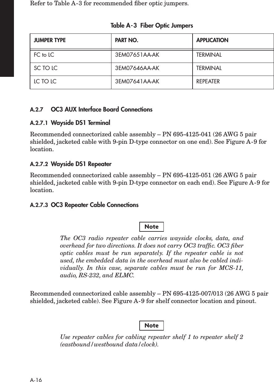  A-16 Refer to Table A-3 for recommended ﬁber optic jumpers. A.2.7 OC3 AUX Interface Board Connections A.2.7.1 Wayside DS1 Terminal Recommended connectorized cable assembly – PN 695-4125-041 (26 AWG 5 pair shielded, jacketed cable with 9-pin D-type connector on one end). See Figure A-9 for location. A.2.7.2 Wayside DS1 Repeater Recommended connectorized cable assembly – PN 695-4125-051 (26 AWG 5 pair shielded, jacketed cable with 9-pin D-type connector on each end). See Figure A-9 for location. A.2.7.3 OC3 Repeater Cable Connections The OC3 radio repeater cable carries wayside clocks, data, andoverhead for two directions. It does not carry OC3 trafﬁc. OC3 ﬁberoptic cables must be run separately. If the repeater cable is notused, the embedded data in the overhead must also be cabled indi-vidually. In this case, separate cables must be run for MCS-11,audio, RS-232, and ELMC. Recommended connectorized cable assembly – PN 695-4125-007/013 (26 AWG 5 pair shielded, jacketed cable). See Figure A-9 for shelf connector location and pinout. Use repeater cables for cabling repeater shelf 1 to repeater shelf 2(eastbound/westbound data/clock). Table A-3  Fiber Optic Jumpers JUMPER TYPE PART NO. APPLICATION FC to LC 3EM07651AA-AK TERMINALSC TO LC 3EM07646AA-AK TERMINALLC TO LC 3EM07641AA-AK REPEATERNoteNote