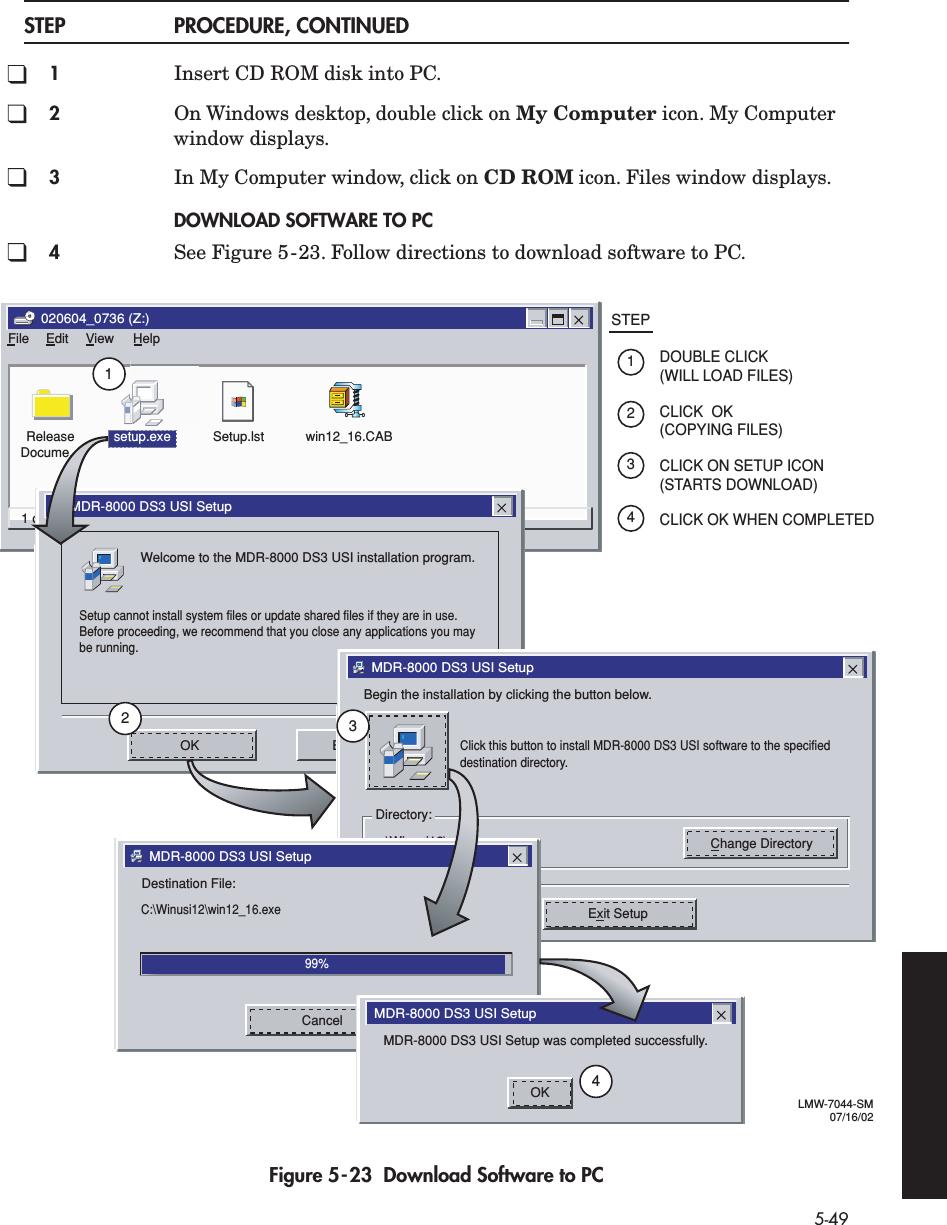 5-49STEP PROCEDURE, CONTINUED1Insert CD ROM disk into PC.2On Windows desktop, double click on My Computer icon. My Computer window displays.3In My Computer window, click on CD ROM icon. Files window displays.DOWNLOAD SOFTWARE TO PC4See Figure 5-23. Follow directions to download software to PC.Figure 5-23  Download Software to PCFile020604_0736 (Z:)EditFile ViewReleaseDocume...Setup.lst win12_16.CABHelp1 object(s) selected           136KBsetup.exeMDR-8000 DS3 USI SetupWelcome to the MDR-8000 DS3 USI installation program.Setup cannot install system files or update shared files if they are in use.Before proceeding, we recommend that you close any applications you maybe running.Exit SetupOKMDR-8000 DS3 USI SetupBegin the installation by clicking the button below.c:\Winusi12\ Change DirectoryClick this button to install MDR-8000 DS3 USI software to the specifieddestination directory.Exit SetupDirectory:MDR-8000 DS3 USI SetupMDR-8000 DS3 USI Setup was completed successfully.OKMDR-8000 DS3 USI SetupDestination File:CancelC:\Winusi12\win12_16.exe99%DOUBLE CLICK (WILL LOAD FILES)CLICK  OK(COPYING FILES)CLICK ON SETUP ICON(STARTS DOWNLOAD)CLICK OK WHEN COMPLETEDSTEP12434321LMW-7044-SM07/16/02